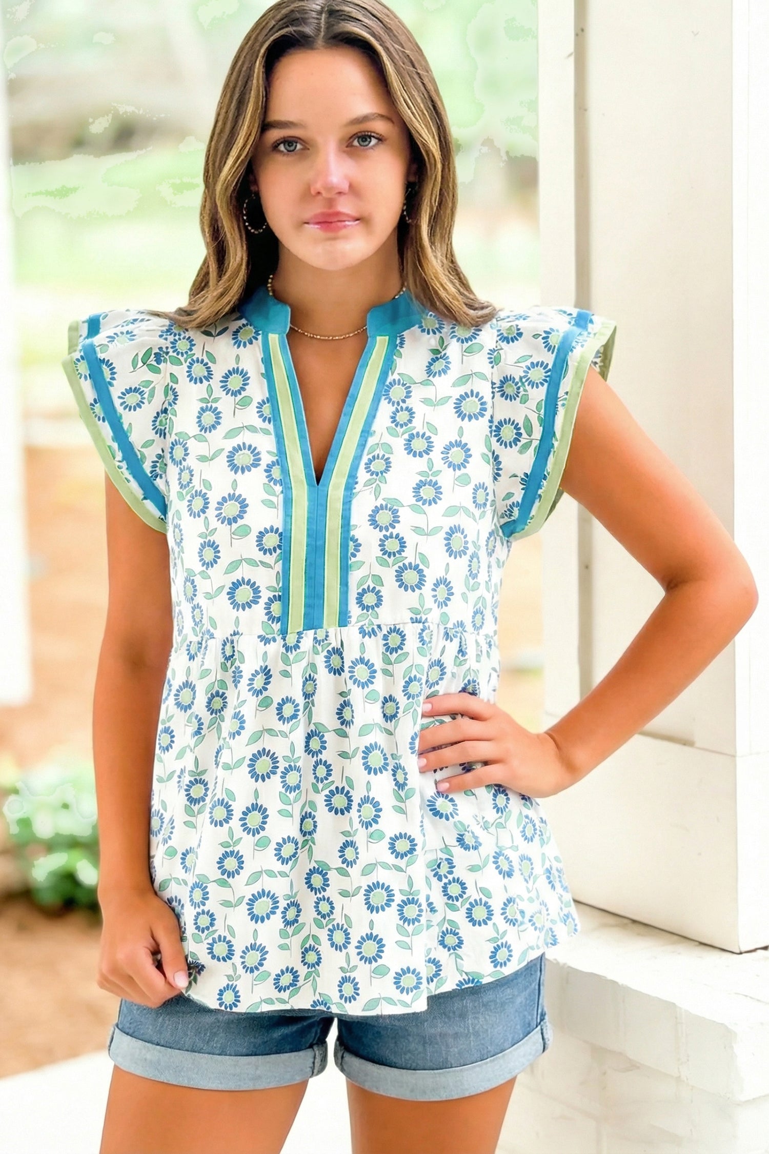 Red Sunflower Printed Contrast Trim V Neck Flutter Sleeve Blouse-Tops/Blouses & Shirts-[Adult]-[Female]-2022 Online Blue Zone Planet