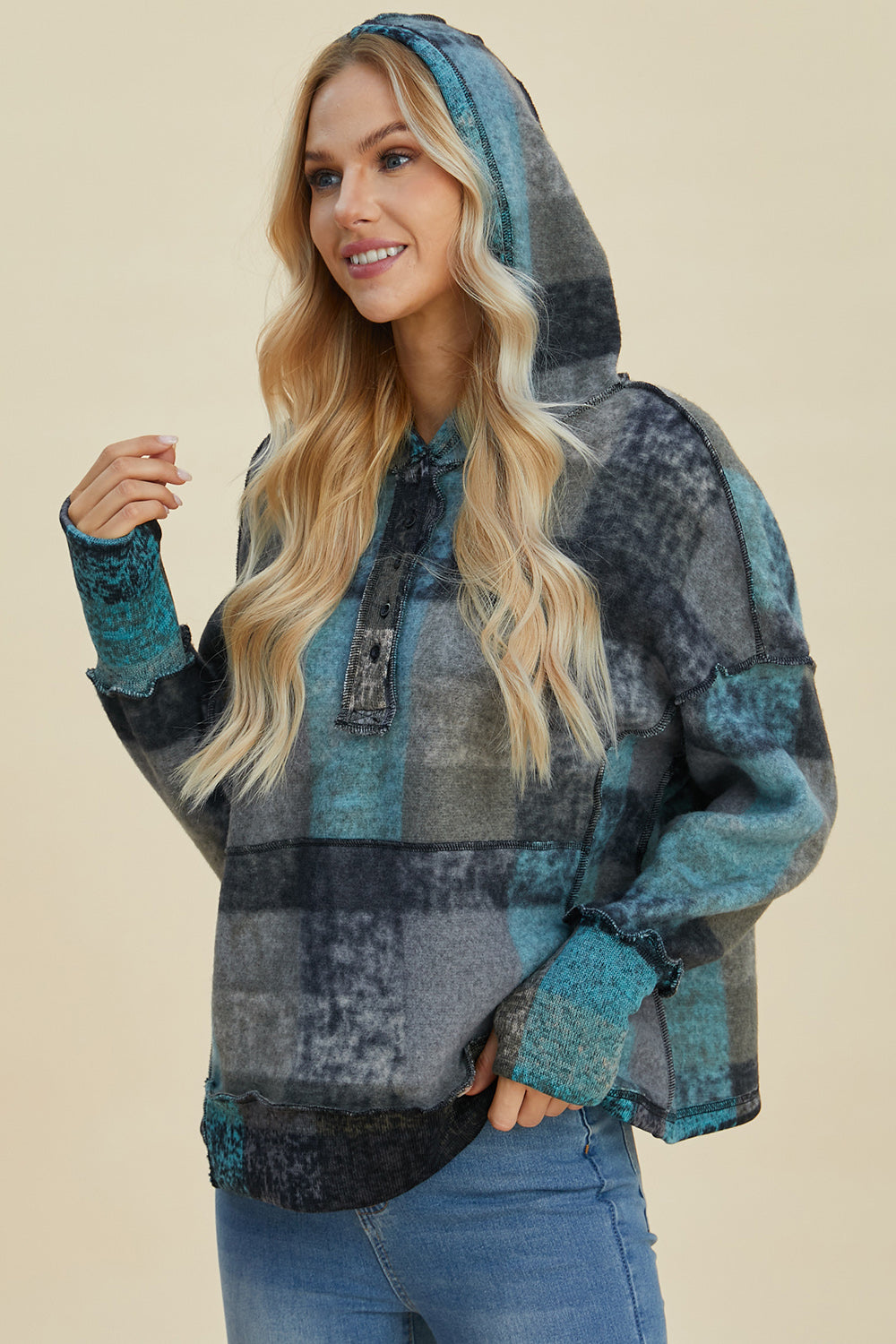 Double Take Full Size Plaid Dropped Shoulder Hoodie-HOODIES-[Adult]-[Female]-2022 Online Blue Zone Planet