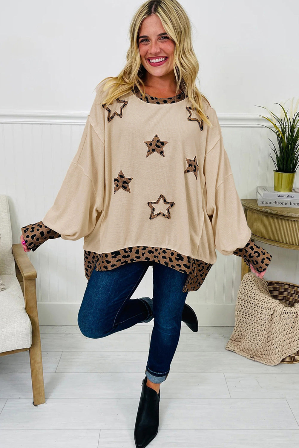 Beige Contrast Leopard Star Patchwork Detail Raw Seam Baggy Sweatshirt-Tops/Sweatshirts & Hoodies-[Adult]-[Female]-2022 Online Blue Zone Planet