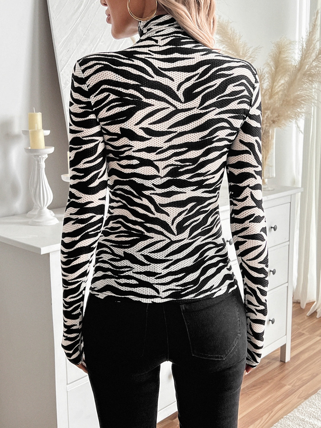 Zebra Print Turtleneck Long Sleeve T-Shirt-TOPS / DRESSES-[Adult]-[Female]-2022 Online Blue Zone Planet