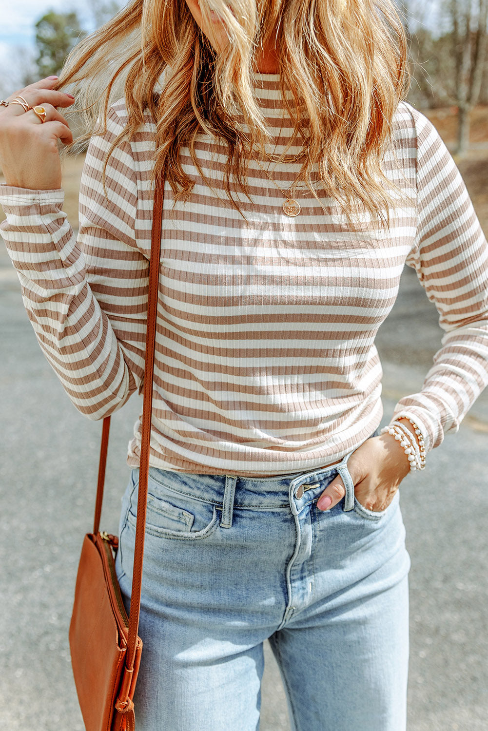 Striped Print Textured Knit Long Sleeve Tee-Tops/Long Sleeve Tops-[Adult]-[Female]-2022 Online Blue Zone Planet