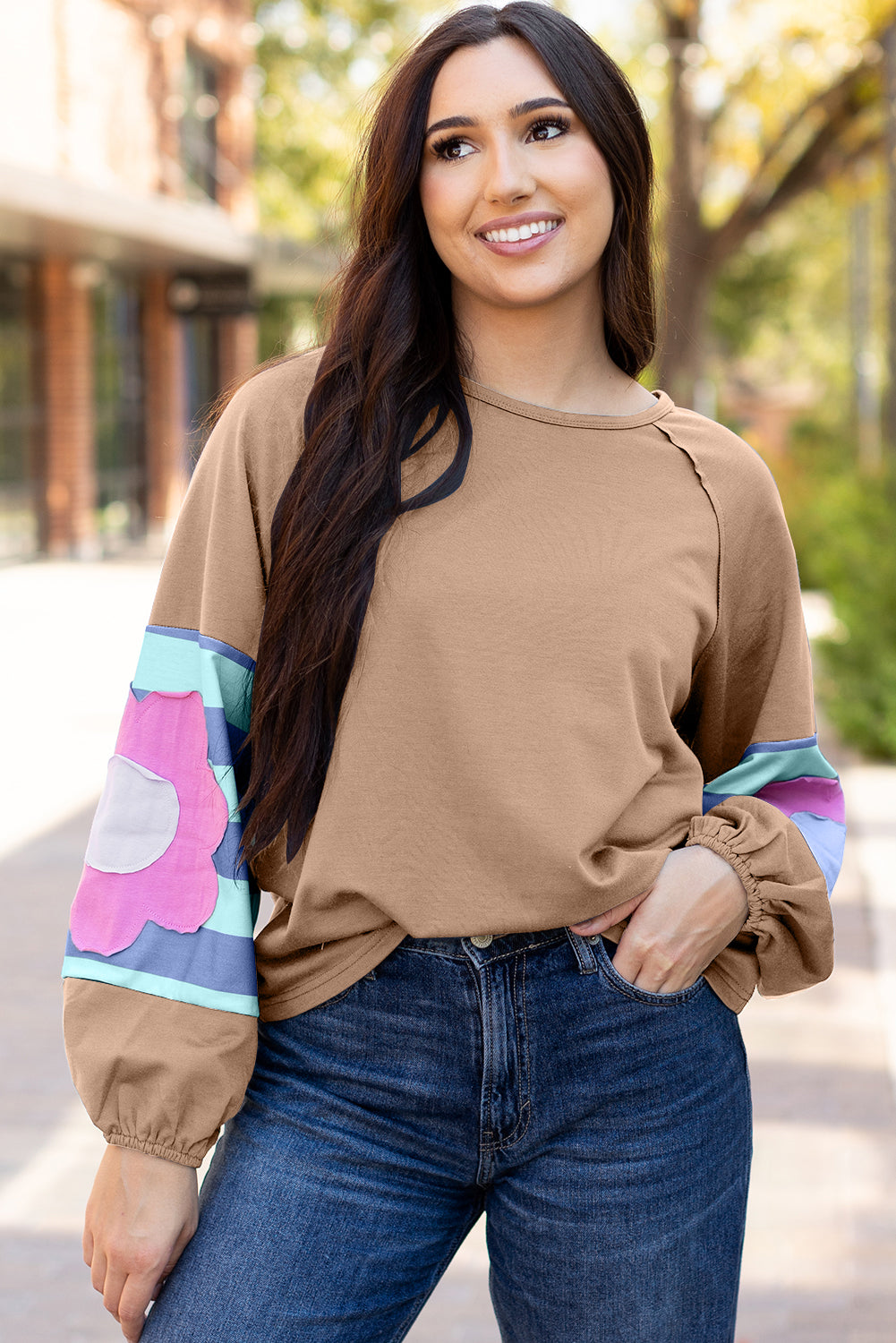 Sail Blue Flower Patchwork Raglan Sleeve Exposed Seam Oversized Top-Tops/Long Sleeve Tops-[Adult]-[Female]-2022 Online Blue Zone Planet