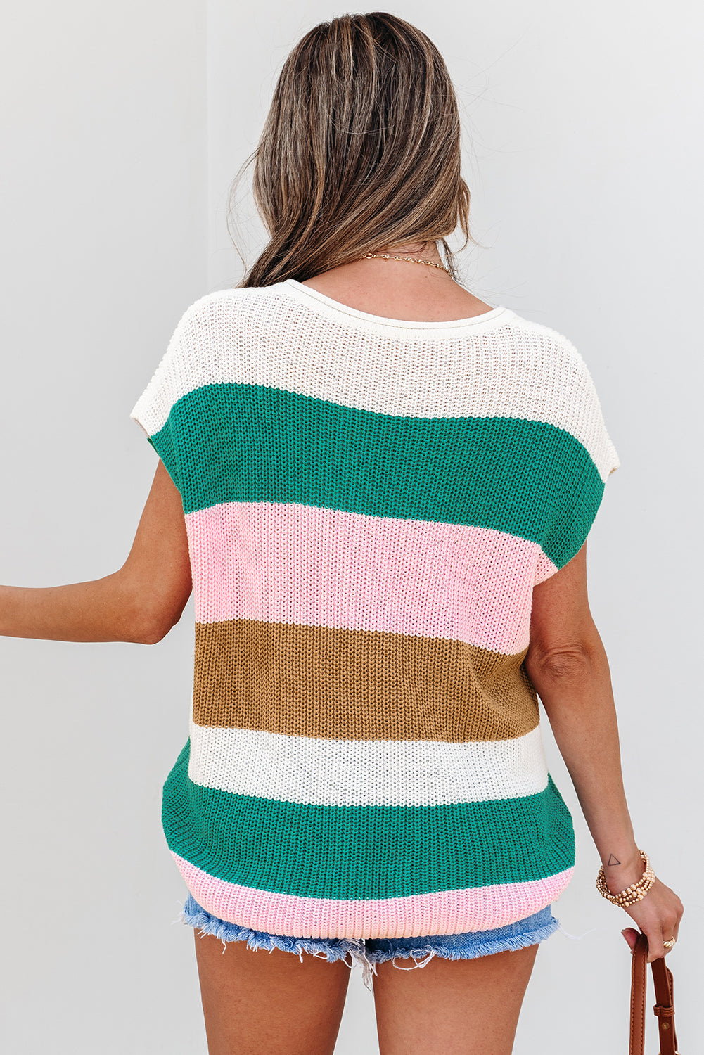 Multicolour Color Block Notch V Neck Sweater T Shirt-TOPS / DRESSES-[Adult]-[Female]-2022 Online Blue Zone Planet