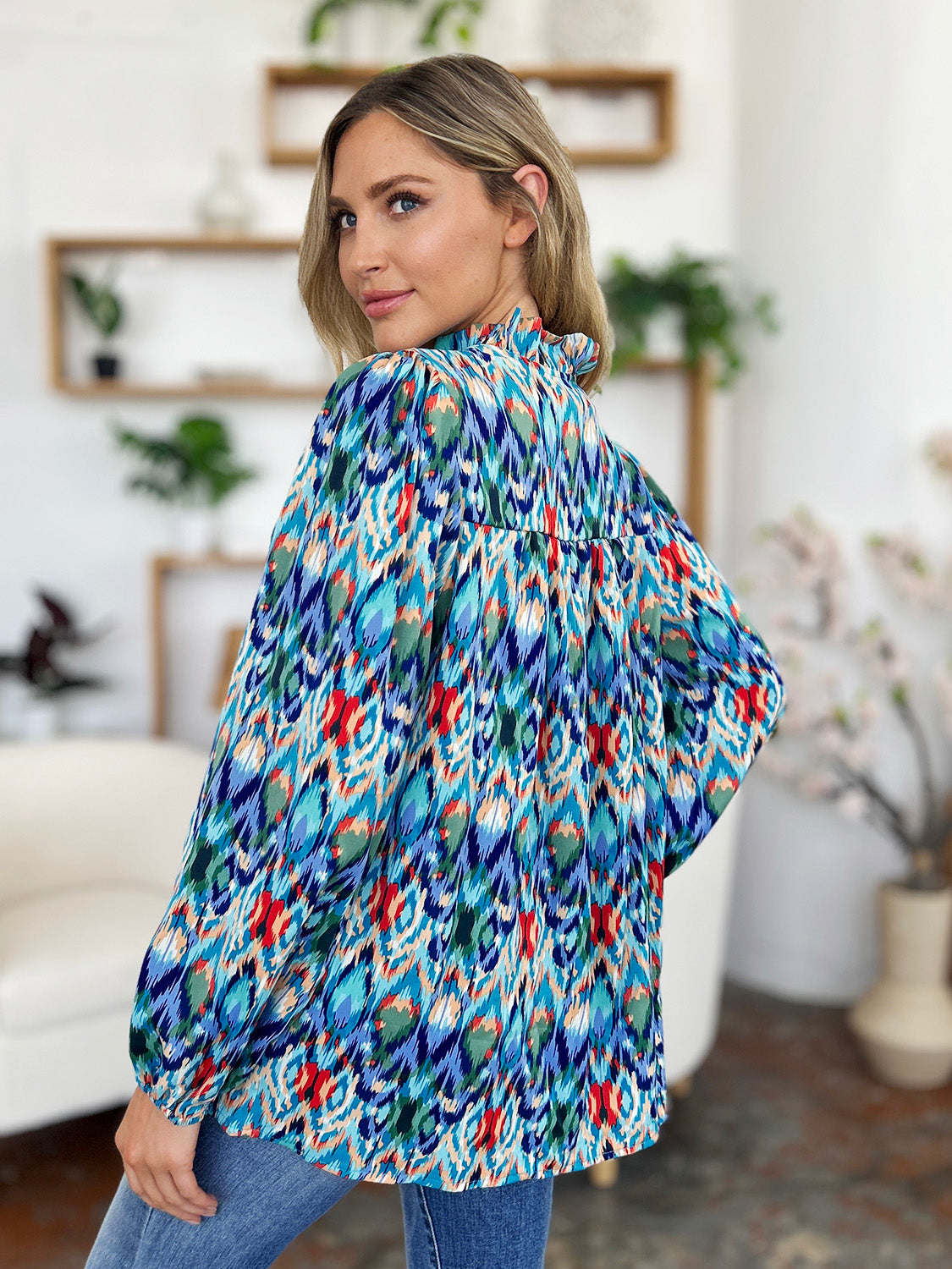 Blue Zone Planet | Double Take Full Size Printed Balloon Sleeve Blouse-TOPS / DRESSES-[Adult]-[Female]-2022 Online Blue Zone Planet