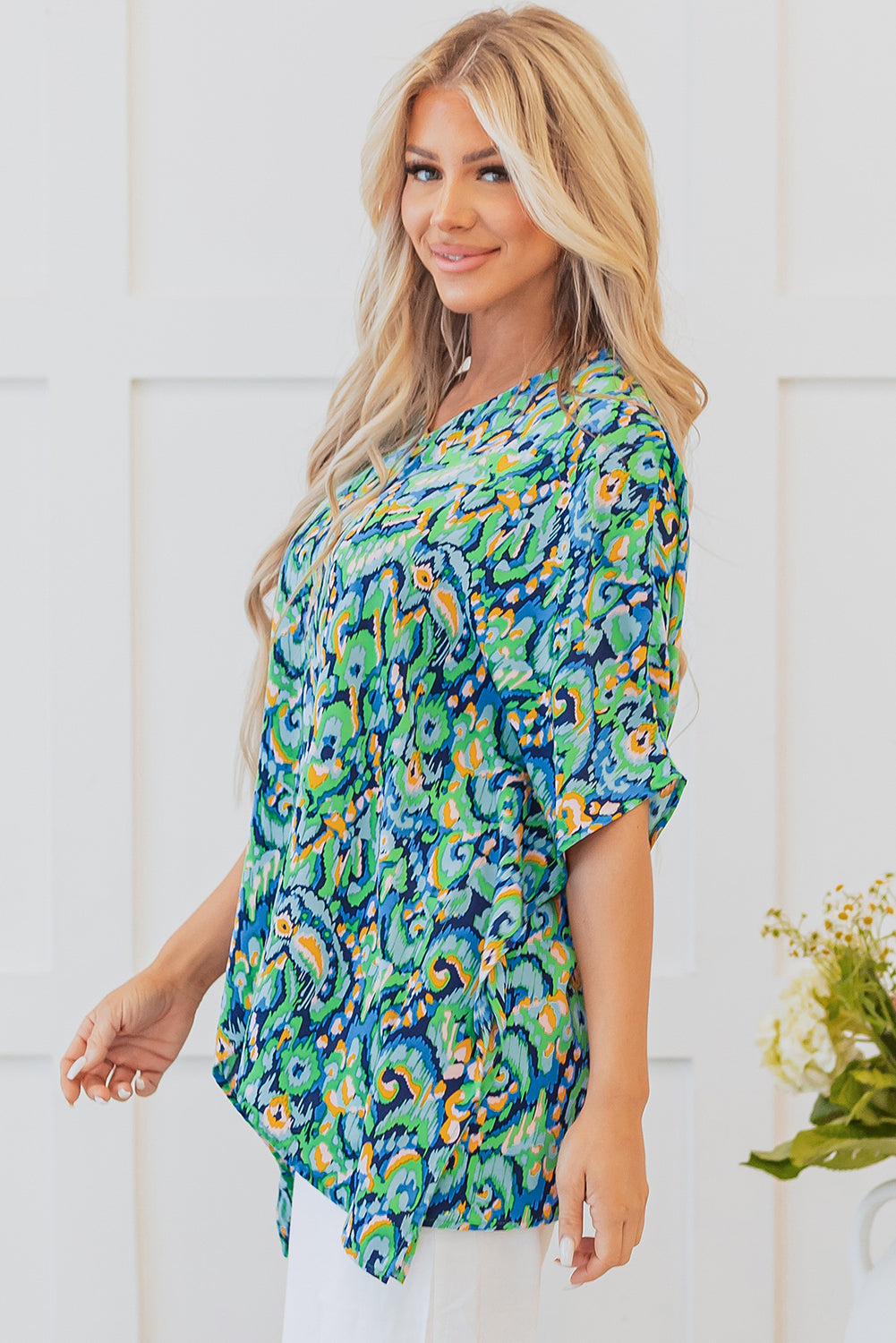 Green Abstract Print V Neck Half Sleeve Loose Fit Tunic Blouse-Tops/Blouses & Shirts-[Adult]-[Female]-2022 Online Blue Zone Planet