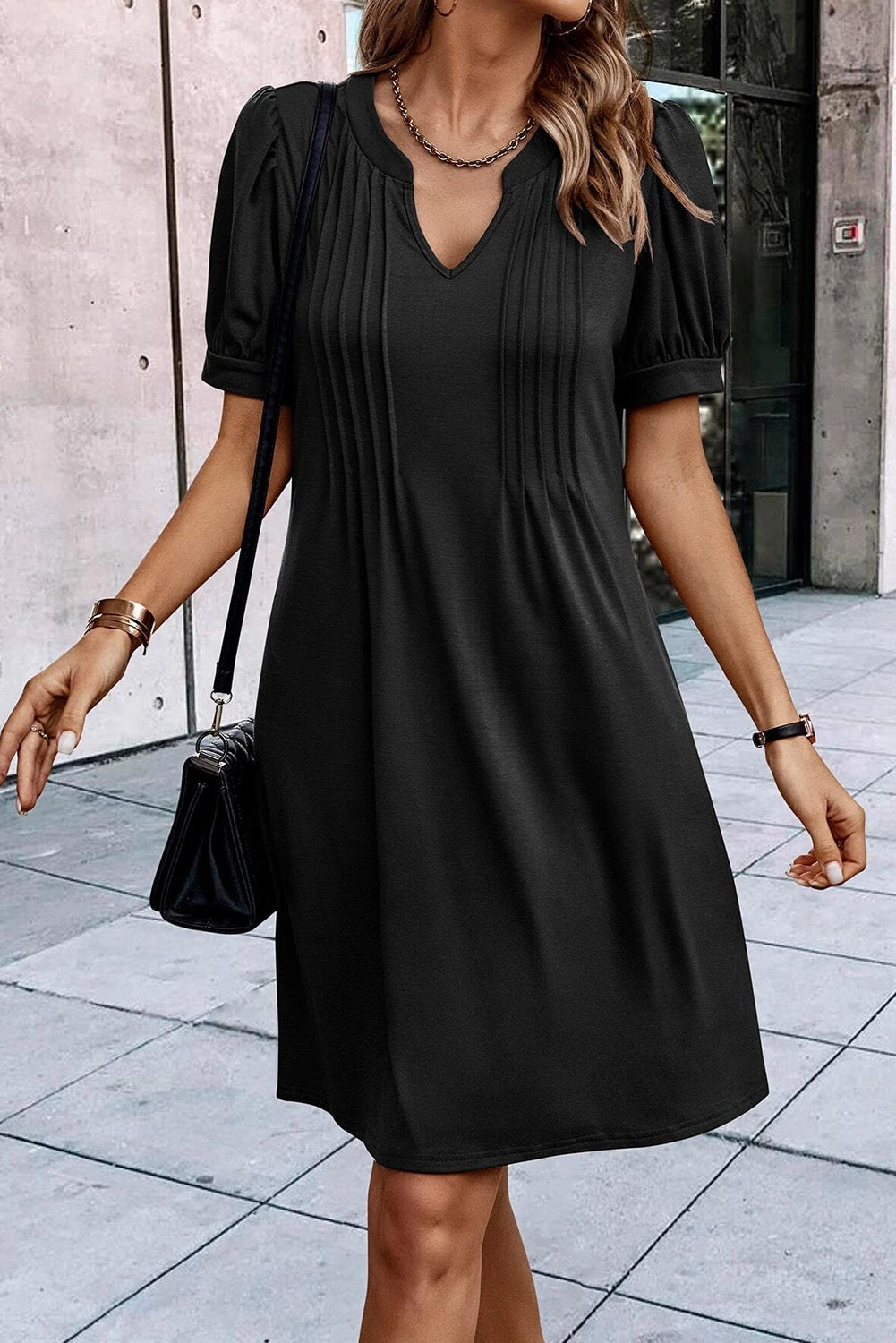 Blue Zone Planet |  Black Notched Neck Pleated Puff Sleeve Shift T-shirt Dress Blue Zone Planet
