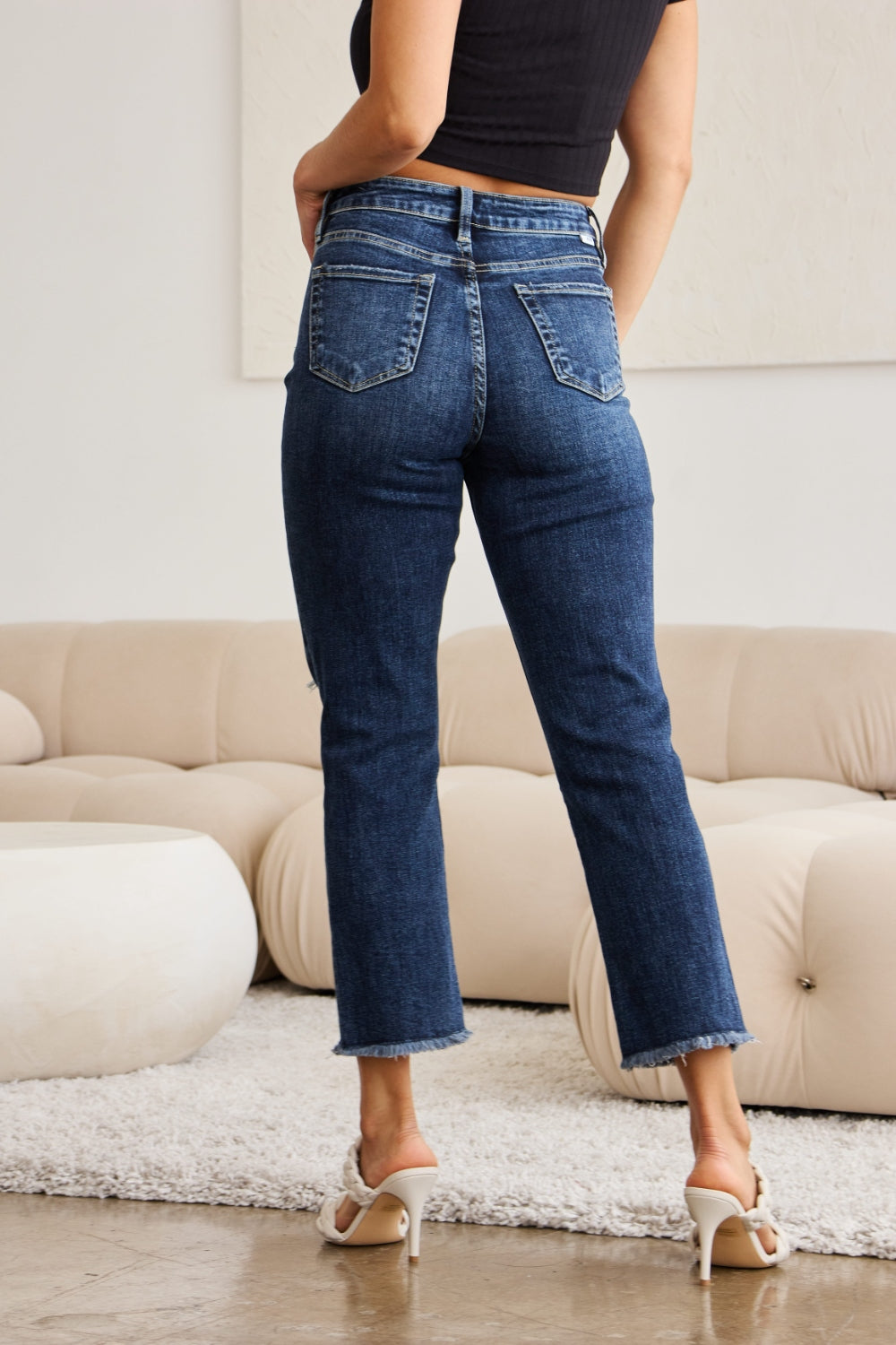 RFM Crop Dylan Full Size Tummy Control Distressed High Waist Raw Hem Jeans-BOTTOM SIZES SMALL MEDIUM LARGE-[Adult]-[Female]-2022 Online Blue Zone Planet