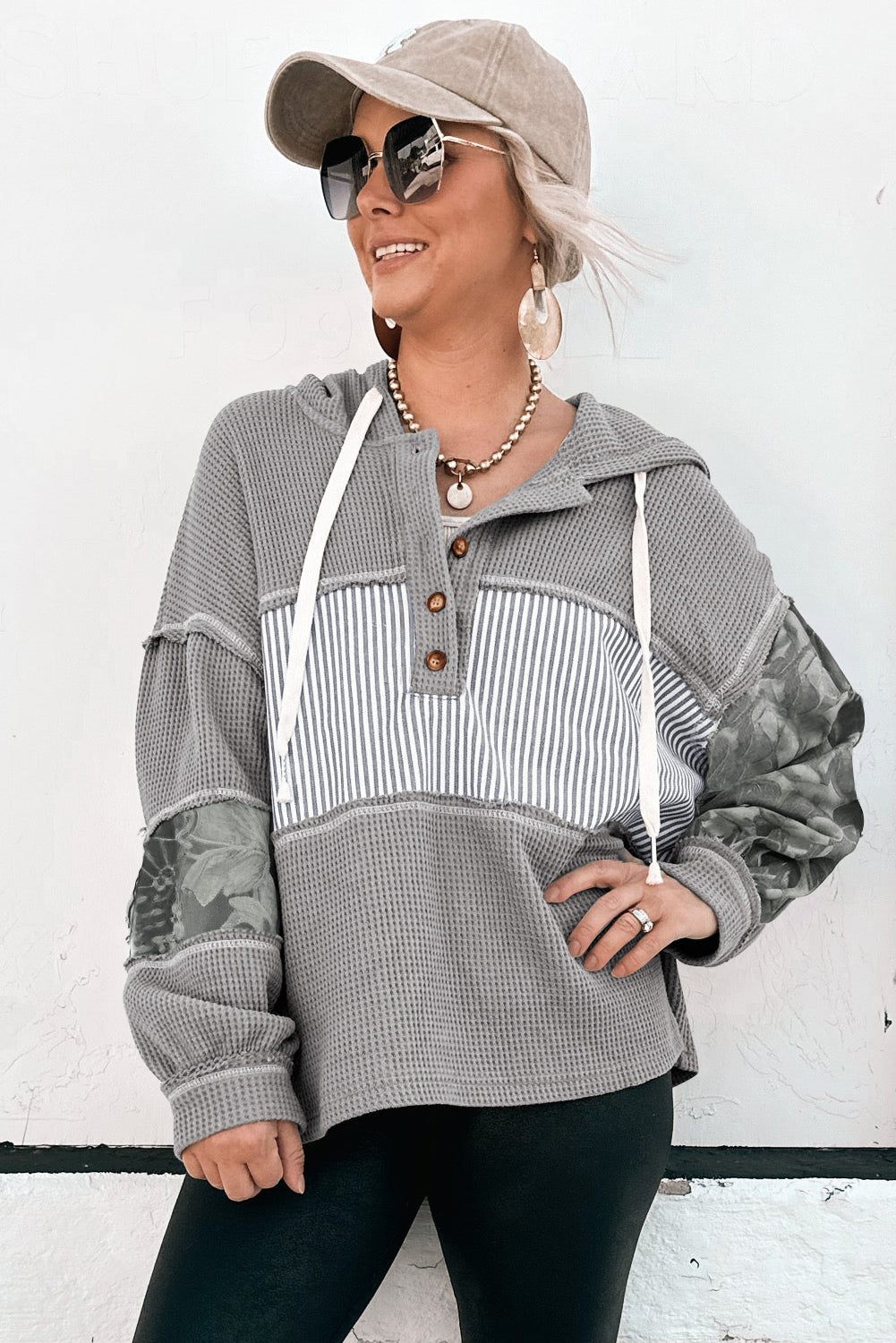 Gray Waffle Printed Patchwork Drawstring Hooded Long Sleeve Top-Tops / Dresses-[Adult]-[Female]-2022 Online Blue Zone Planet