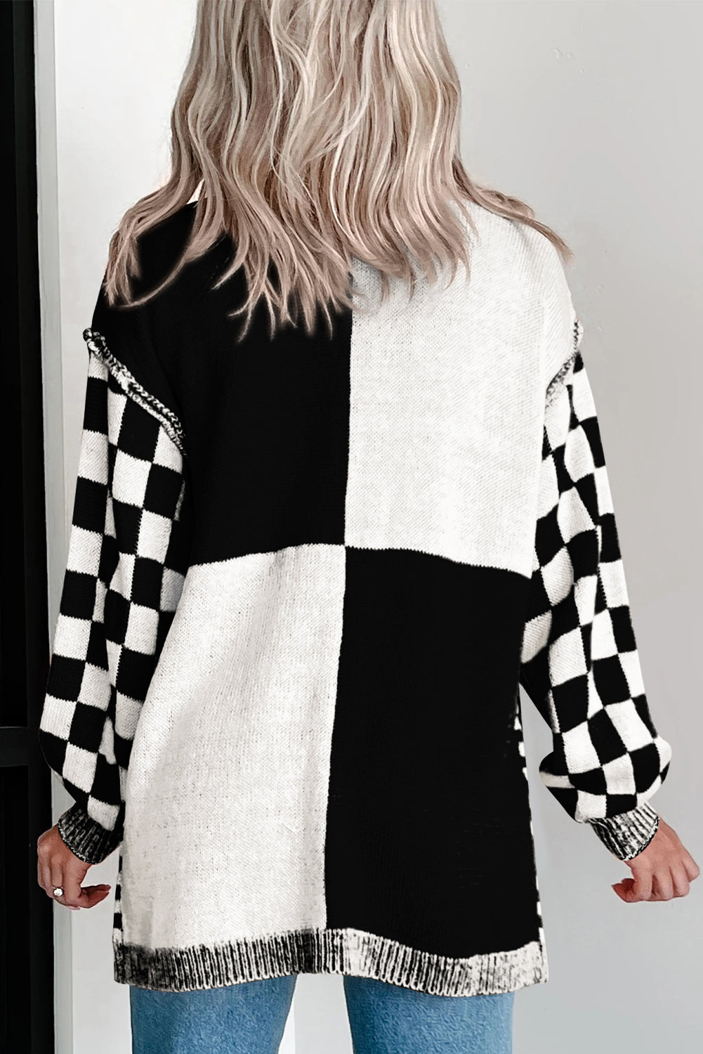 Black Checkered Open Front Drop Shoulder Cardigan-Sweaters & Cardigans/Cardigans-[Adult]-[Female]-2022 Online Blue Zone Planet
