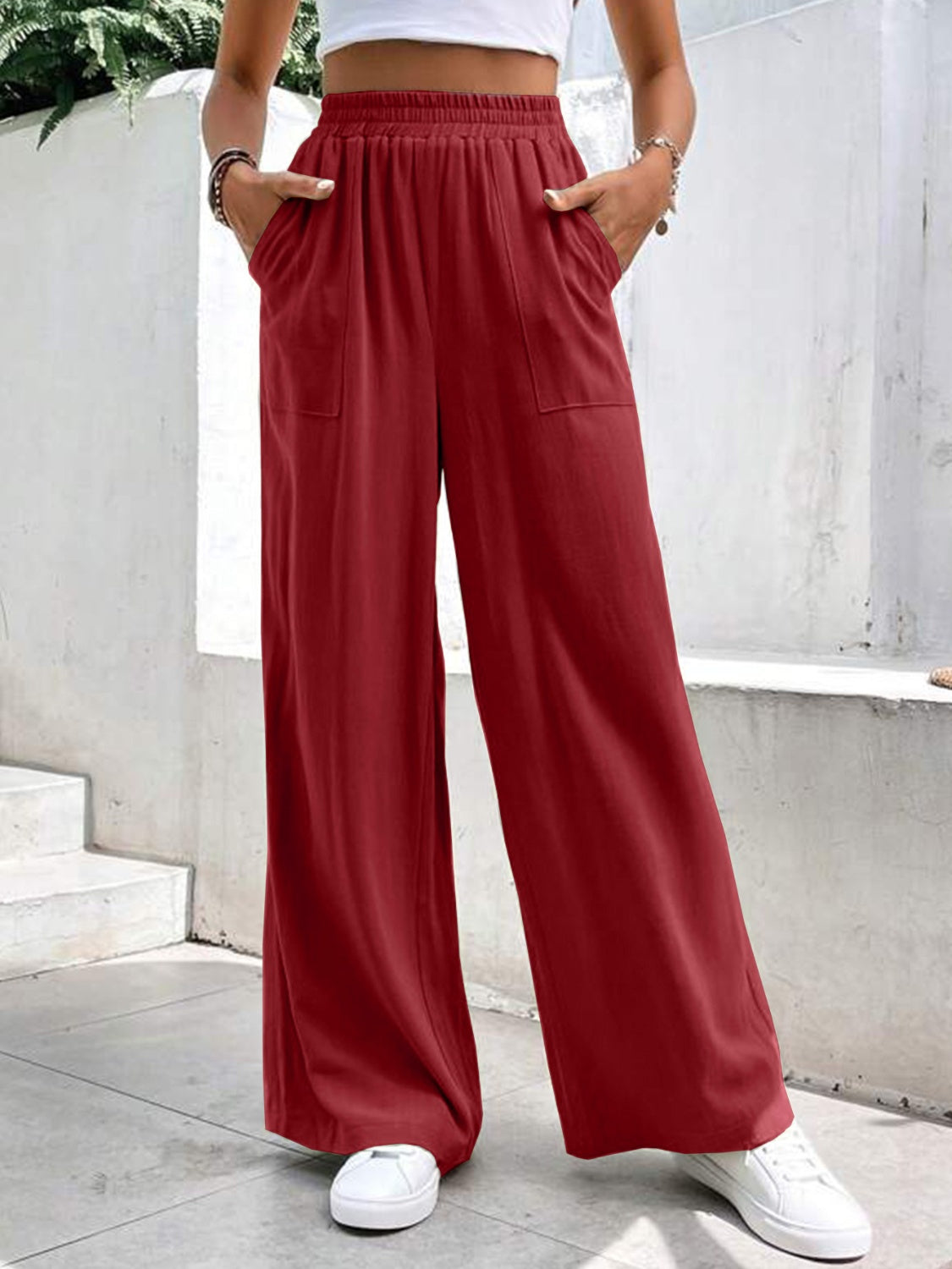 High Waist Wide Leg Pants with Pockets-[Adult]-[Female]-2022 Online Blue Zone Planet