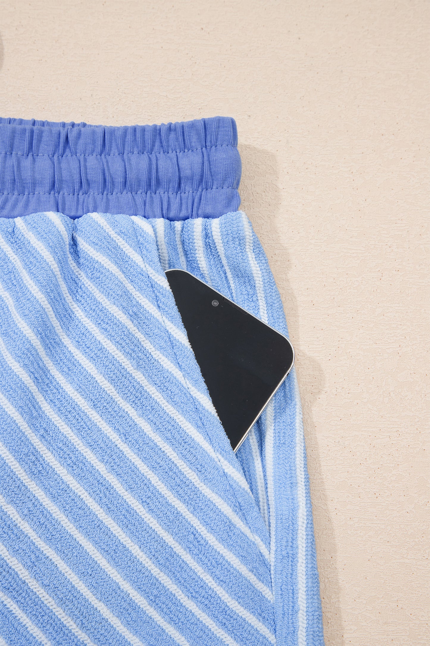 Sky Blue Stripe Crew Neck Tee Drawstring Waist Cropped Pants Set-Two Piece Sets/Pant Sets-[Adult]-[Female]-2022 Online Blue Zone Planet