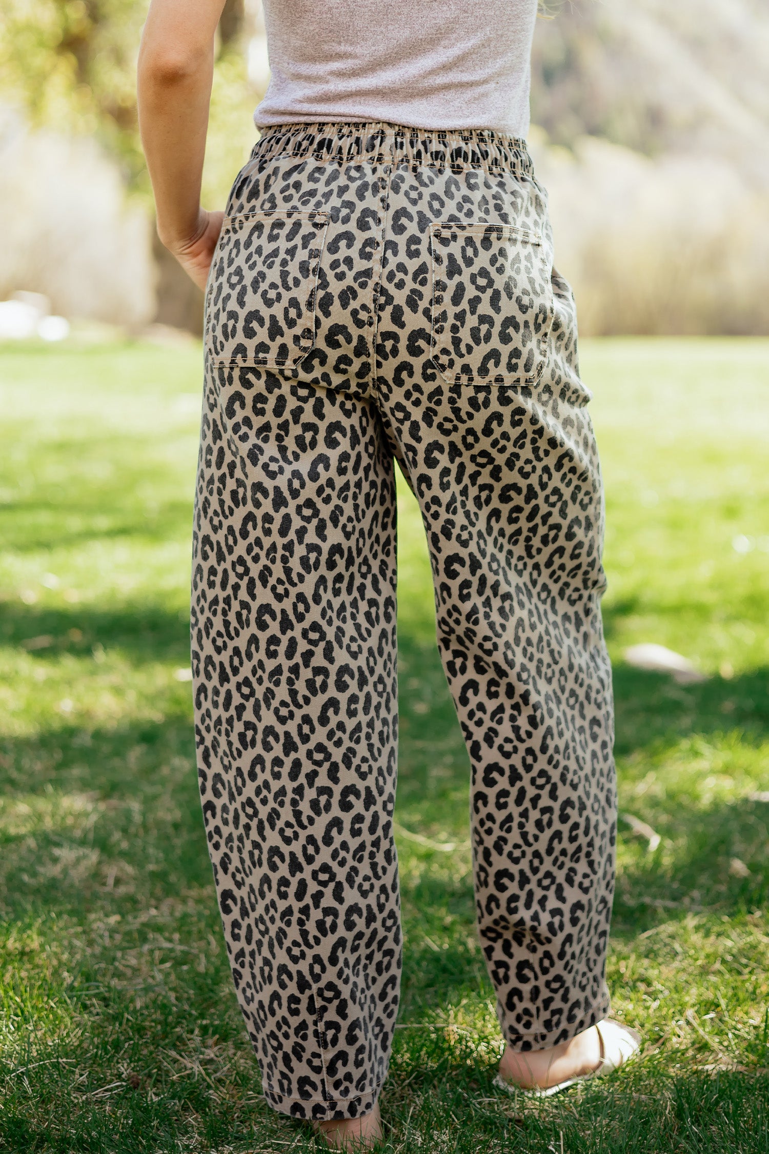 Khaki Leopard Print Drawstring Elastic Waist Loose Denim Pants with Pockets-Bottoms/Jeans-[Adult]-[Female]-2022 Online Blue Zone Planet