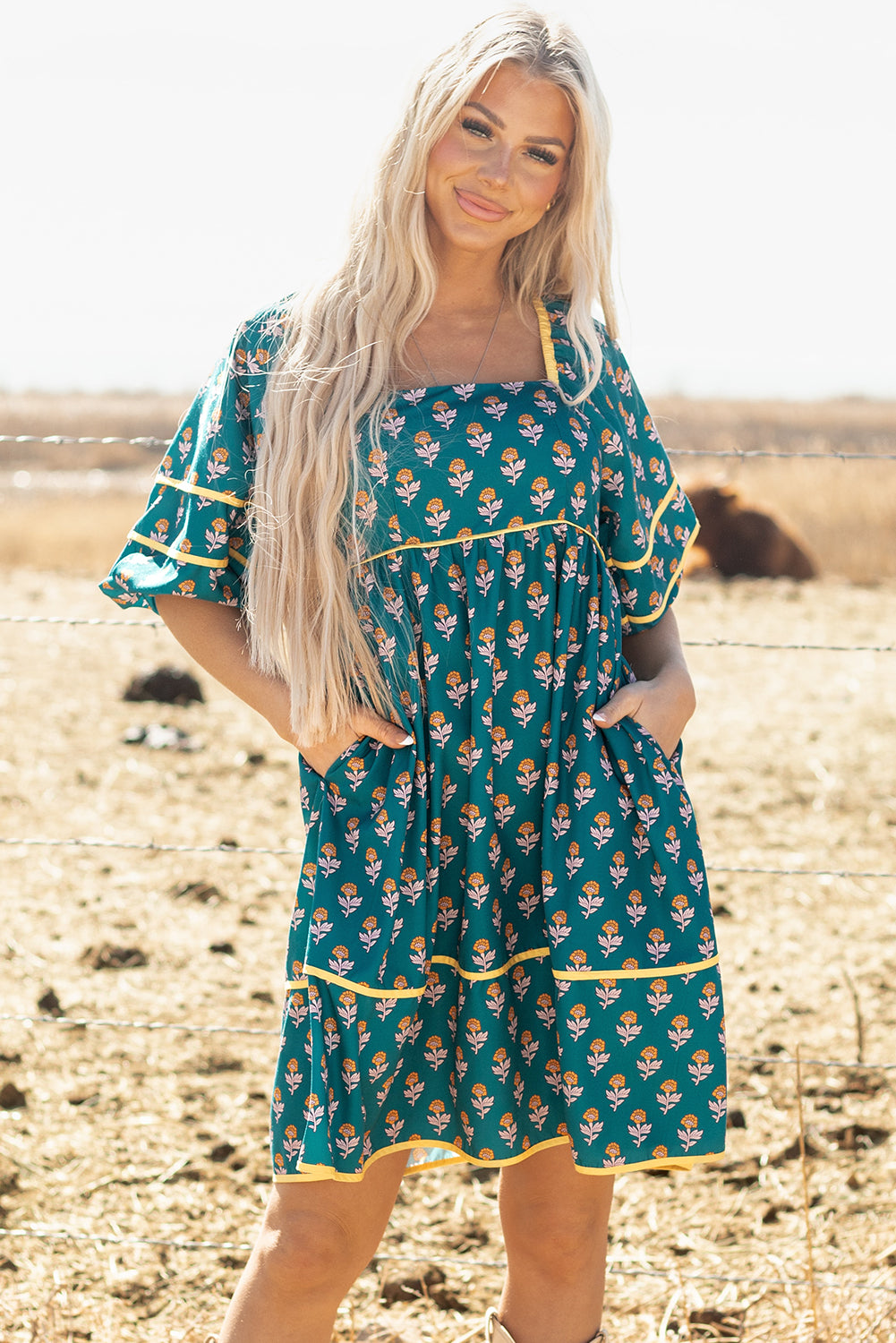 Skobeloff Floral Contrast Trim Square Neck Puff Sleeve Dress-TOPS / DRESSES-[Adult]-[Female]-2022 Online Blue Zone Planet