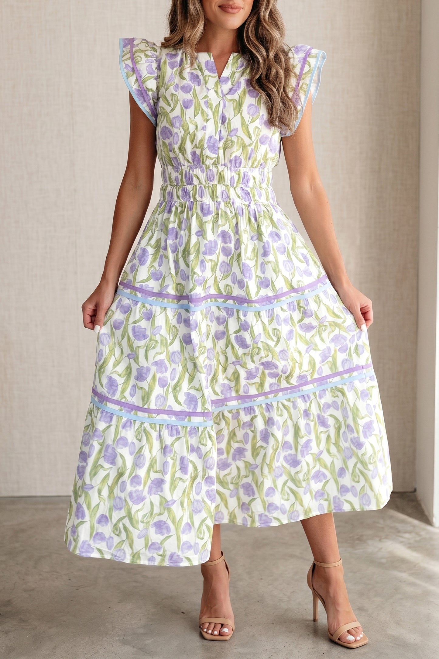 Purple Tulip Floral Print Contrast Trim Midi Dress-TOPS / DRESSES-[Adult]-[Female]-2022 Online Blue Zone Planet