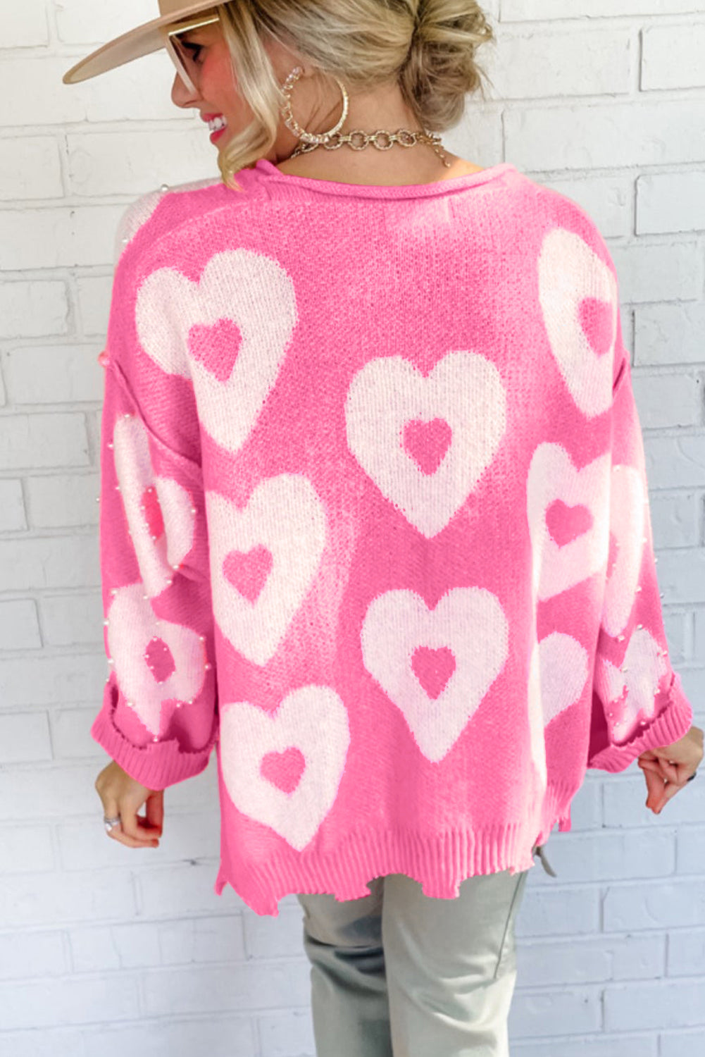 Bonbon Pearl Beaded Heart Drop Shoulder Sweater-Sweaters-[Adult]-[Female]-2022 Online Blue Zone Planet