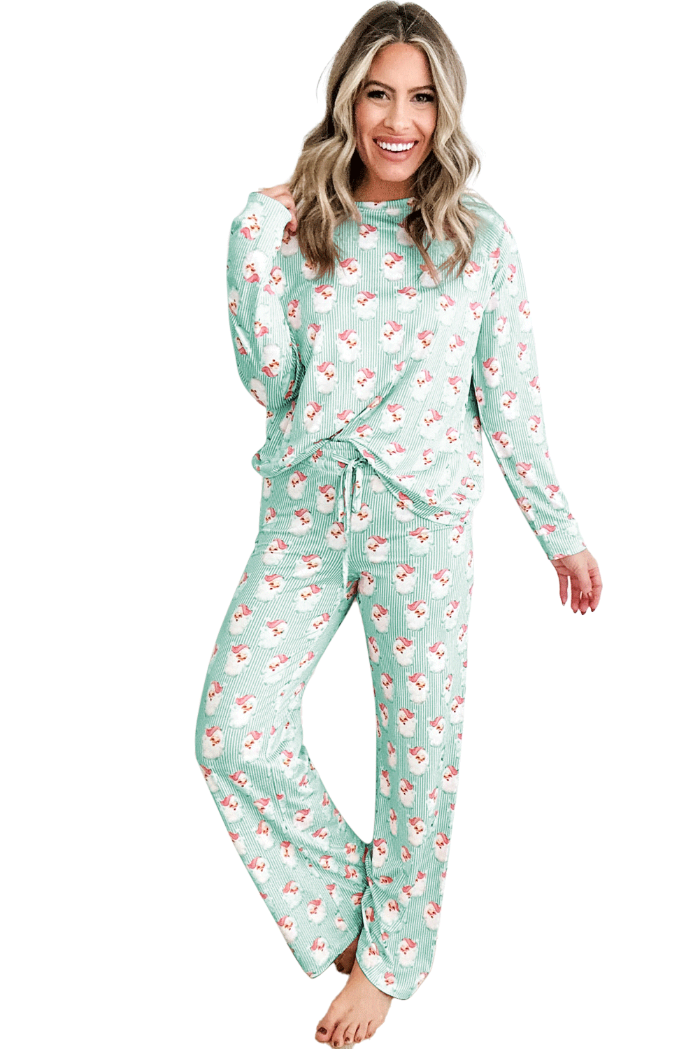 Pink Santa Claus Striped Print Loose Fit Two Piece Loungewear Set-Loungewear Set-[Adult]-[Female]-2022 Online Blue Zone Planet