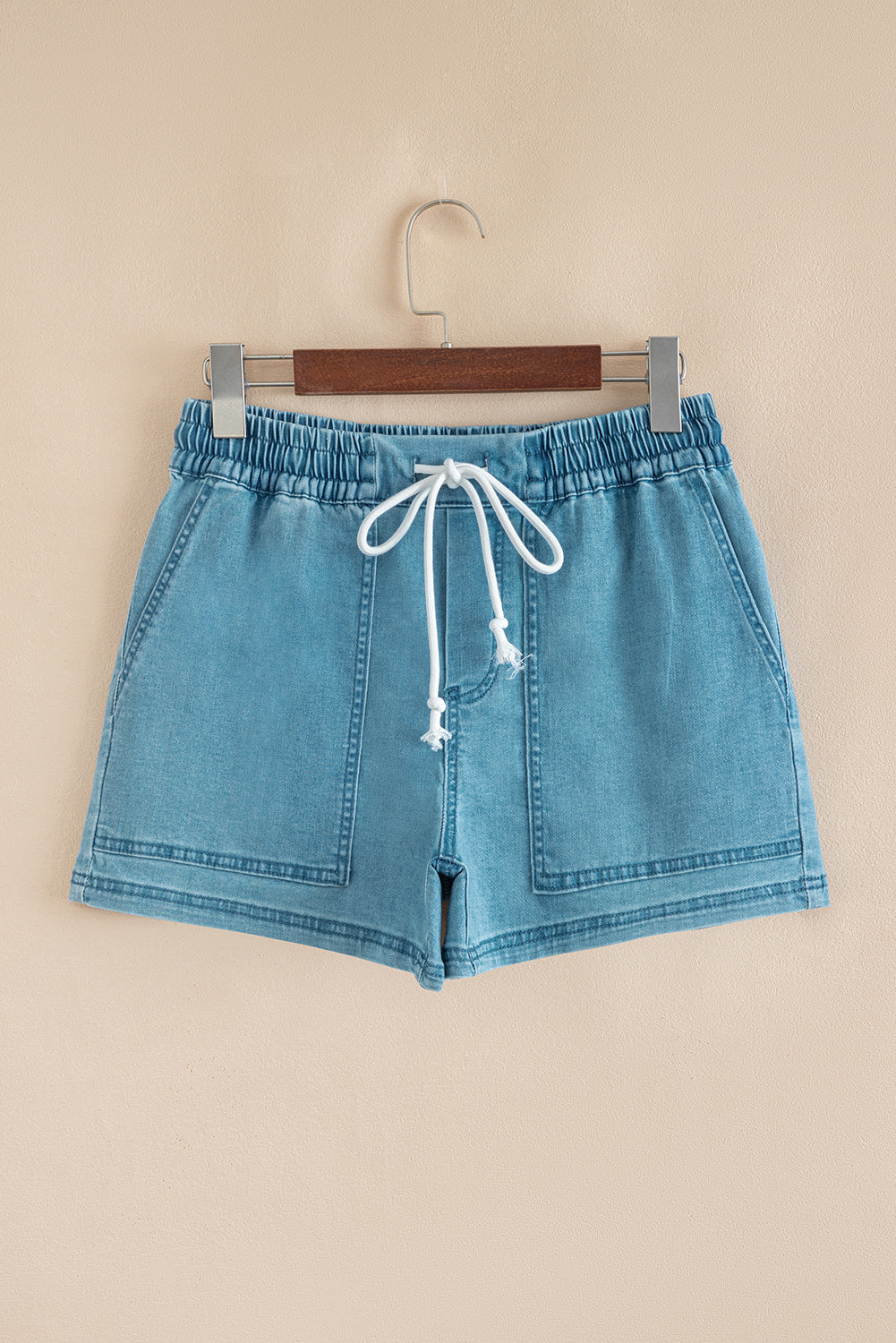 Beau Blue Contrast Drawstring Elastic Waist Denim Shorts-Bottoms/Denim Shorts-[Adult]-[Female]-2022 Online Blue Zone Planet