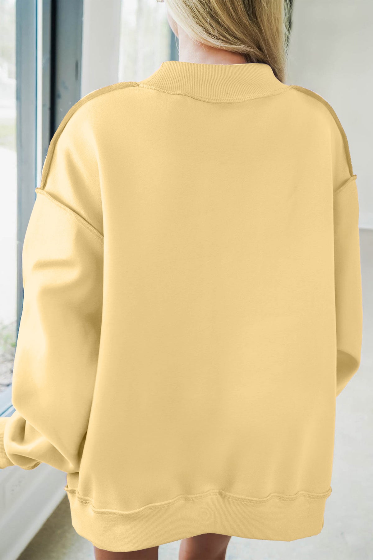 Banana Cream JESUS Letter Patch Graphic Exposed Seam Mock Neck Baggy Sweatshirt-Tops/Sweatshirts & Hoodies-[Adult]-[Female]-2022 Online Blue Zone Planet