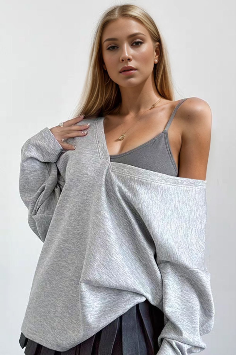 Basic Bae V-Neck Dropped Shoulder Long Sleeve Sweatshirt with Bra-TOPS / DRESSES-[Adult]-[Female]-2022 Online Blue Zone Planet