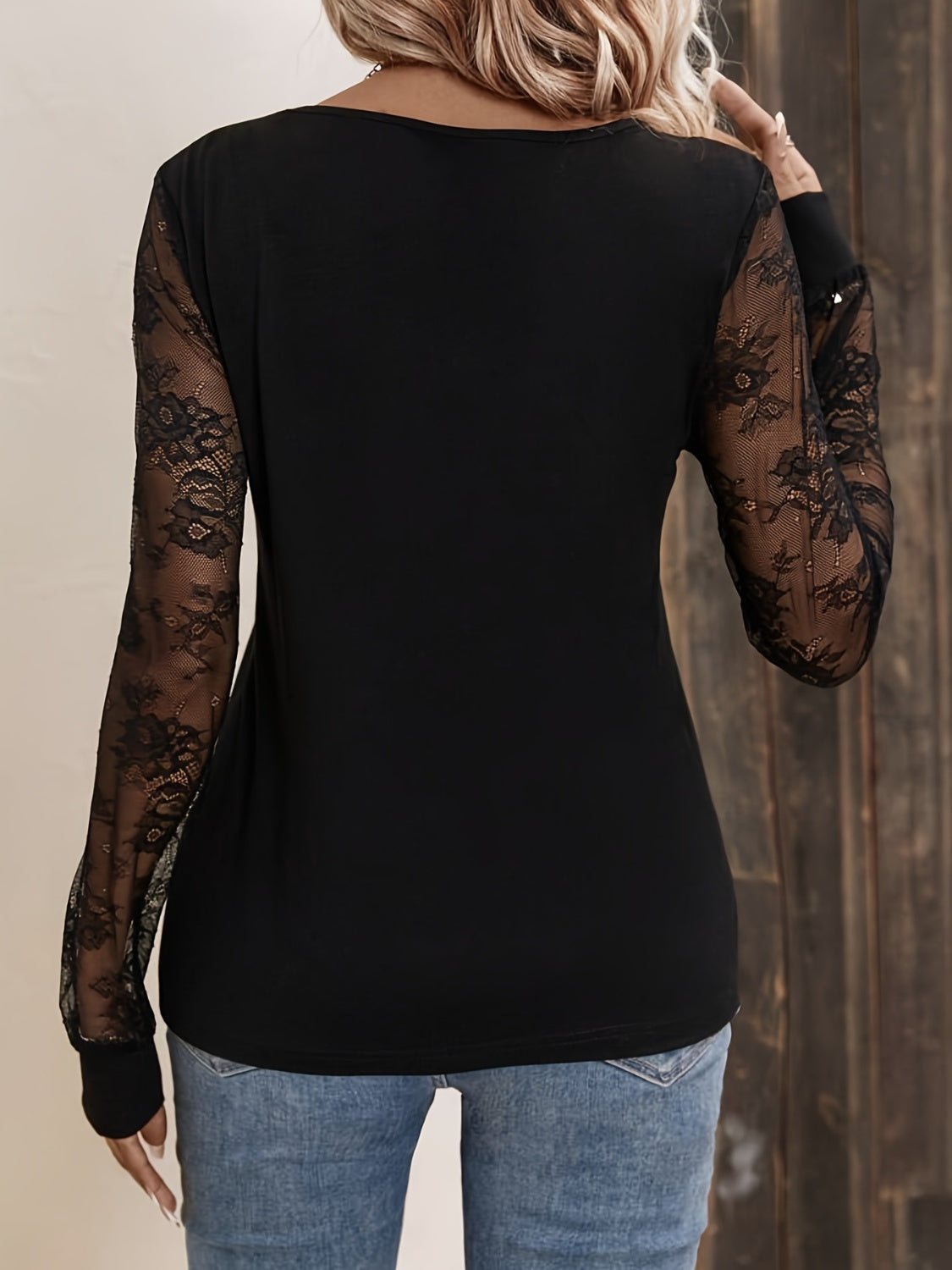 Lace Detail V-Neck Long Sleeve Top-TOPS / DRESSES-[Adult]-[Female]-2022 Online Blue Zone Planet