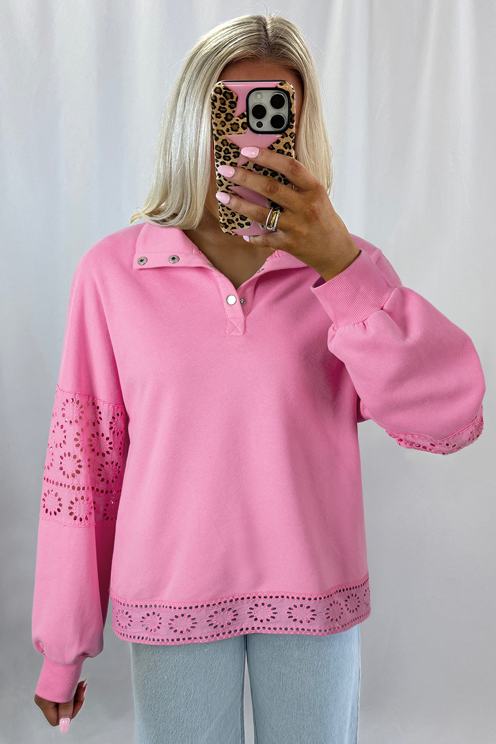 Bonbon Embroidered Flower Patchwork Snap Buttons Pullover Sweatshirt-Tops/Sweatshirts & Hoodies-[Adult]-[Female]-2022 Online Blue Zone Planet