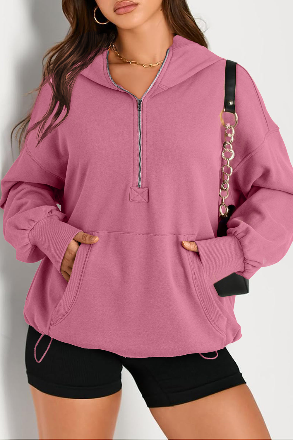 Valerian Solid Kangaroo Pocket Half Zipper Oversized Hoodie-Tops/Sweatshirts & Hoodies-[Adult]-[Female]-Valerian-S-2022 Online Blue Zone Planet