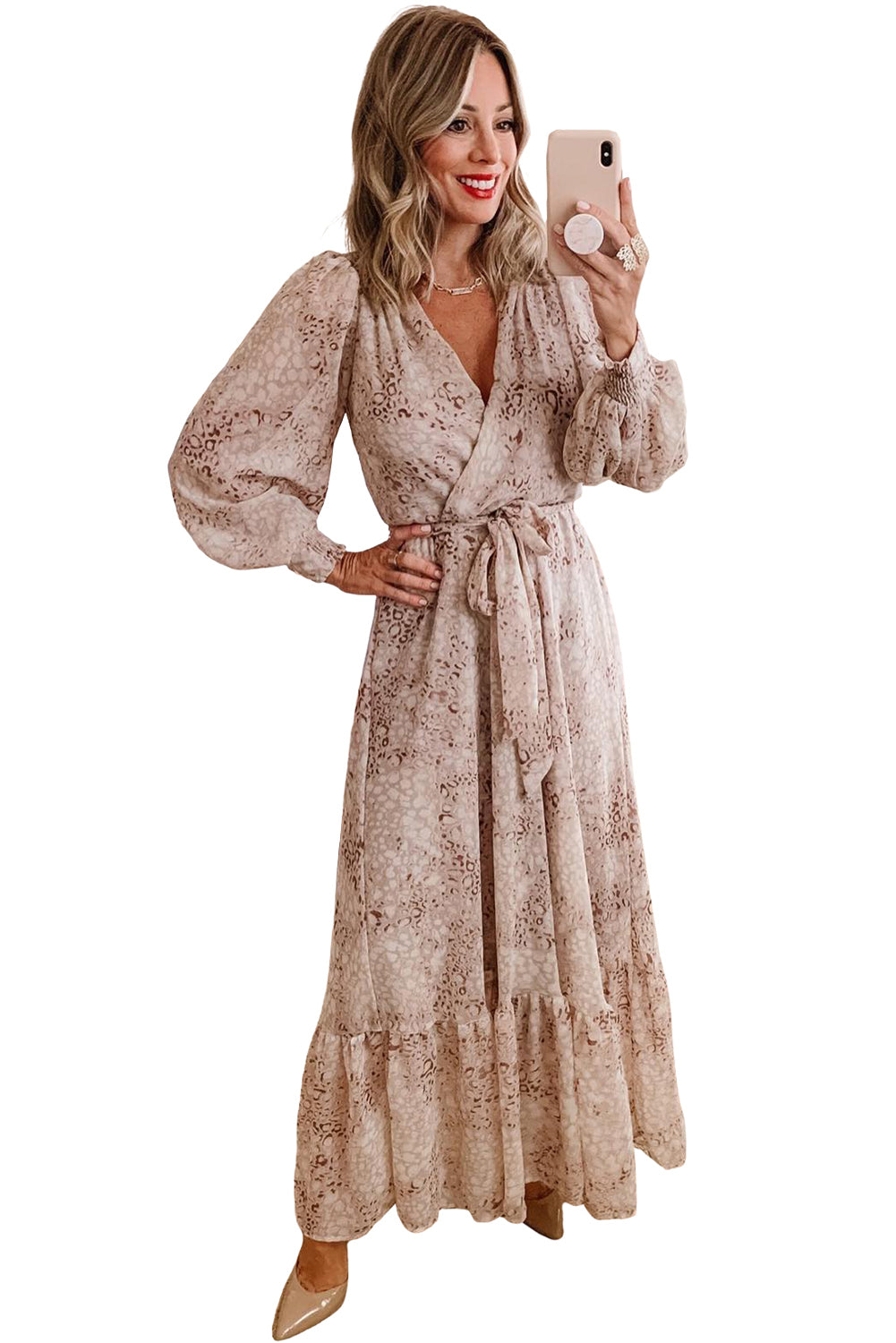 Blue Zone Planet | Leopard Surplice V Neck Bubble Sleeve Sash Maxi Dress-TOPS / DRESSES-[Adult]-[Female]-2022 Online Blue Zone Planet