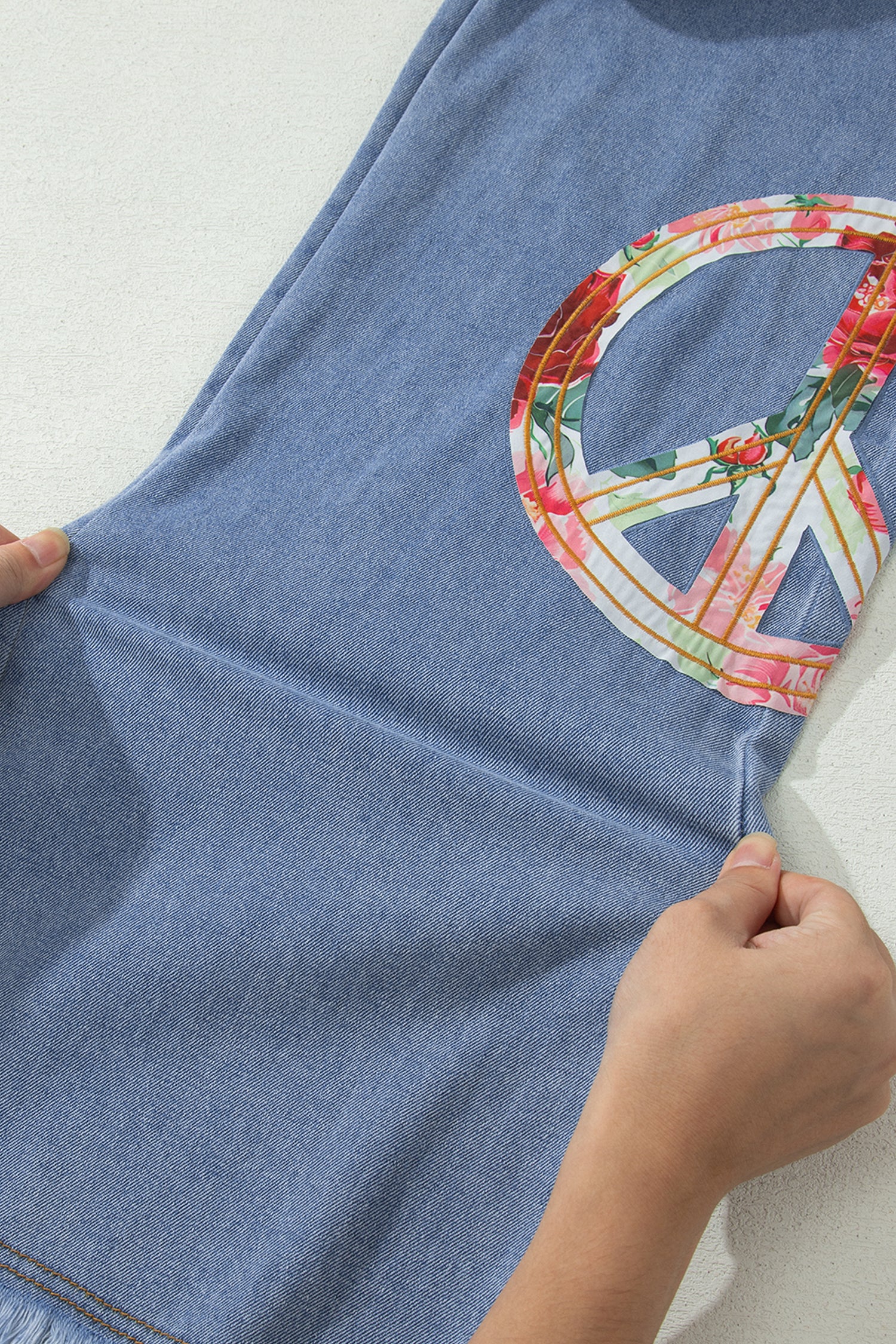 Myosotis Floral Peace Sign Embroidered Patch Wide Leg Jeans-Bottoms/Jeans-[Adult]-[Female]-2022 Online Blue Zone Planet