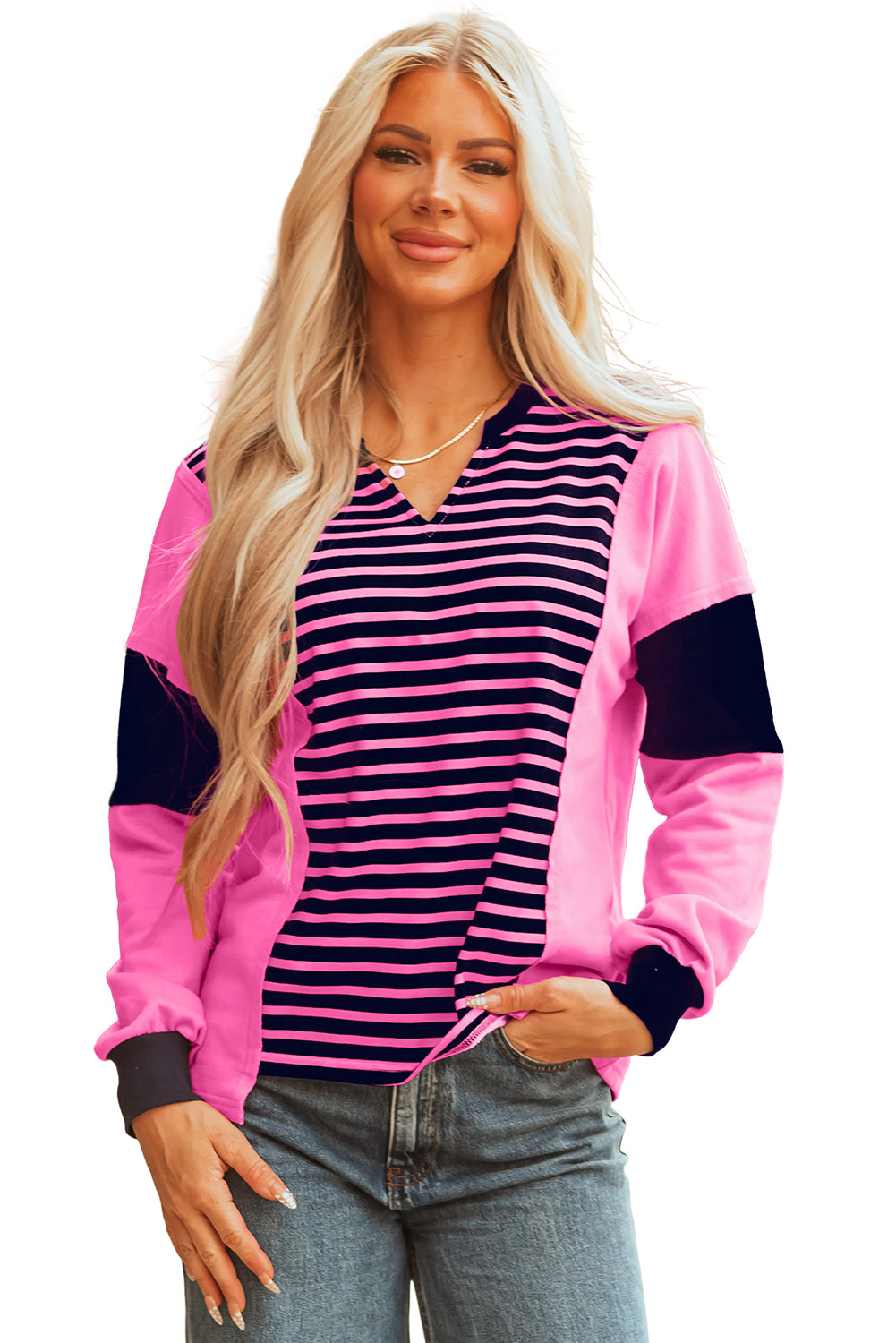 Pink Stripe Color Block V Neck Loose Fit Long Sleeve Top-Tops/Long Sleeve Tops-[Adult]-[Female]-2022 Online Blue Zone Planet
