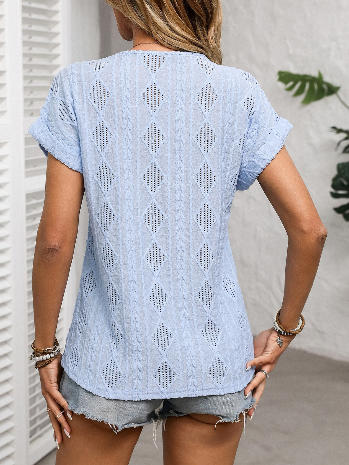 Openwork V-Neck Short Sleeve T-Shirt-TOPS / DRESSES-[Adult]-[Female]-2022 Online Blue Zone Planet