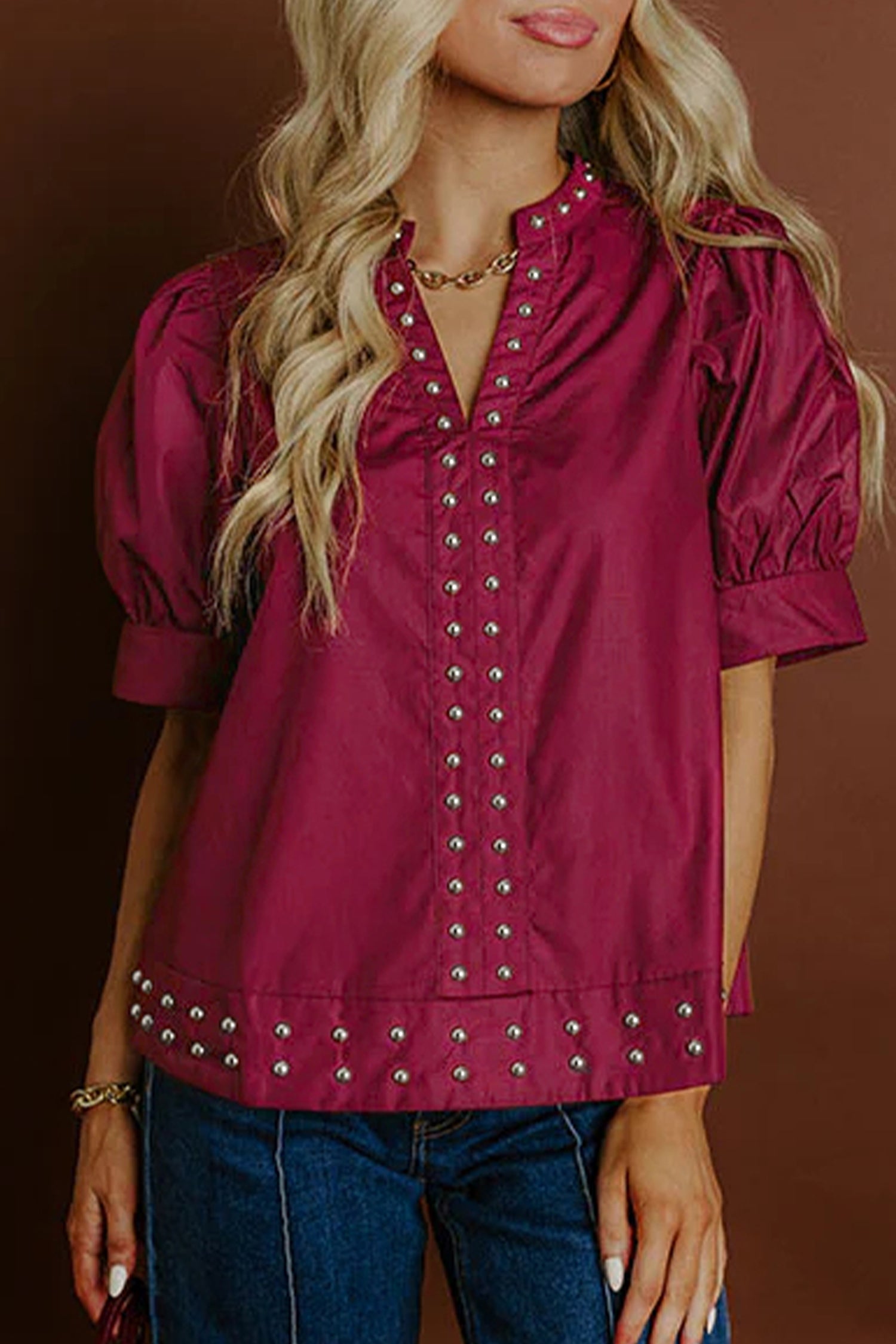 Burgundy Rivet Embellished V Neck Short Puff Sleeve Blouse-Tops/Blouses & Shirts-[Adult]-[Female]-Burgundy-S-2022 Online Blue Zone Planet