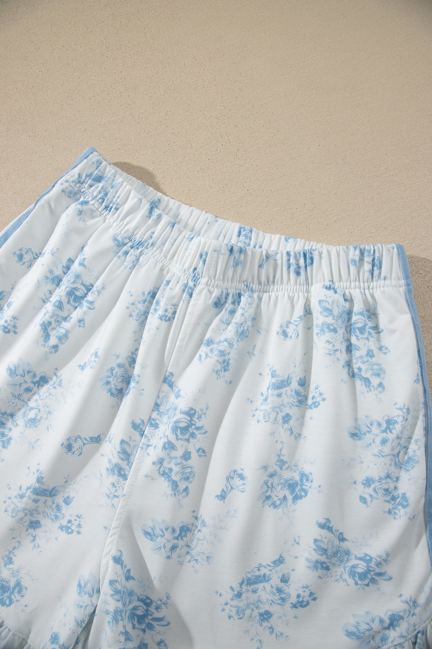 Sky Blue Floral Print Striped Detail Long Sleeve Top Ruffle Hem Shorts 2pcs Set-Two Piece Sets/Short Sets-[Adult]-[Female]-2022 Online Blue Zone Planet