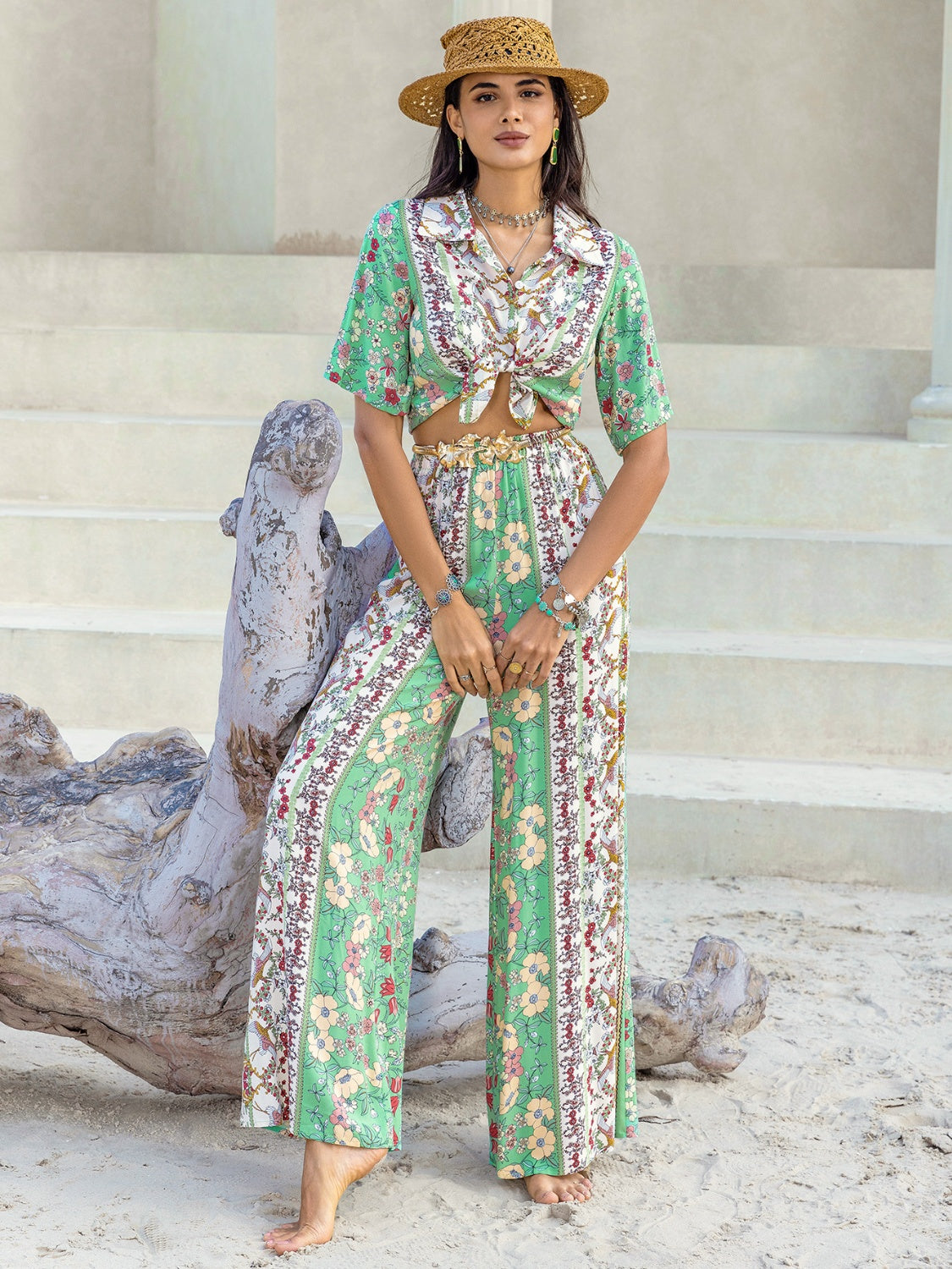 Printed Half Sleeve Top and Wide Leg Pants Set-TOPS / DRESSES-[Adult]-[Female]-2022 Online Blue Zone Planet