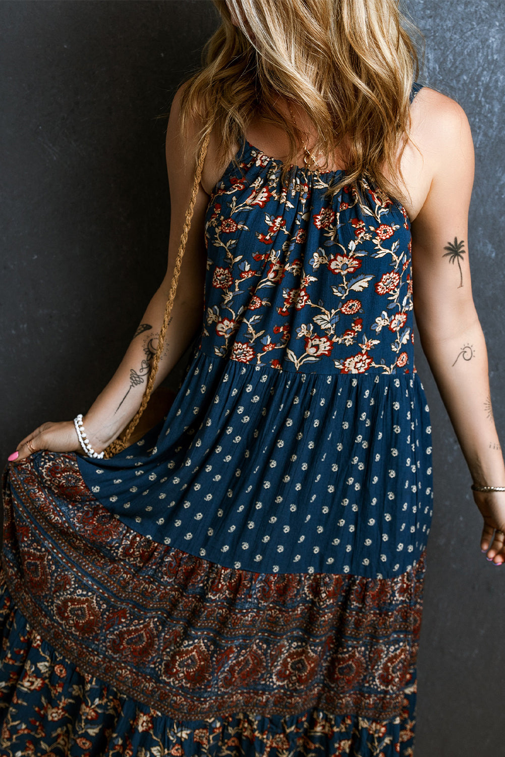 Blue Zone Planet | Blue Boho Floral Splicing Sleeveless Maxi Dress-TOPS / DRESSES-[Adult]-[Female]-2022 Online Blue Zone Planet