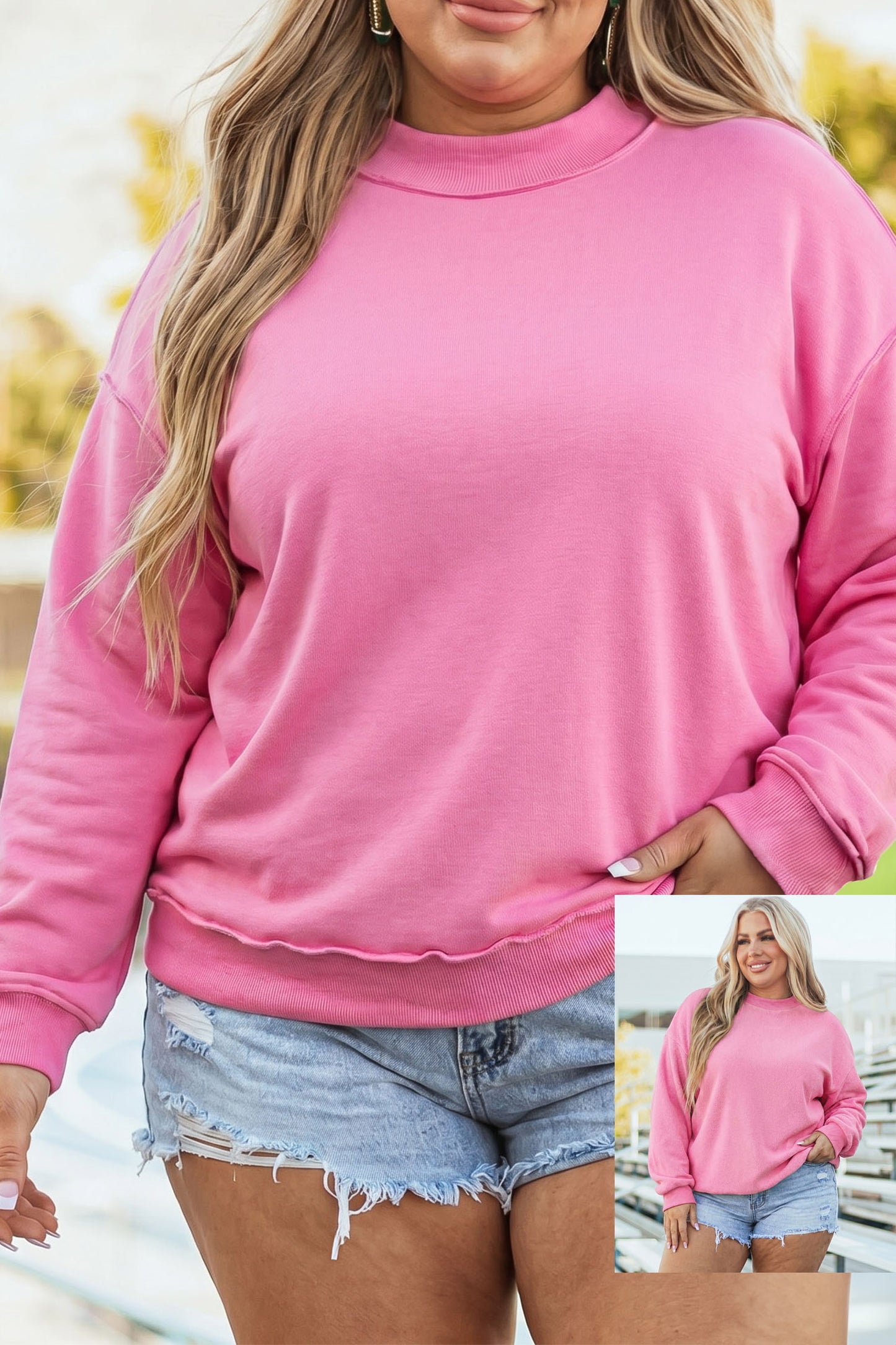 Bright Pink Exposed Seam Detail Reversible Double Wear Plus Size Sweatshirt-Plus Size/Plus Size Sweatshirts & Hoodies-[Adult]-[Female]-2022 Online Blue Zone Planet