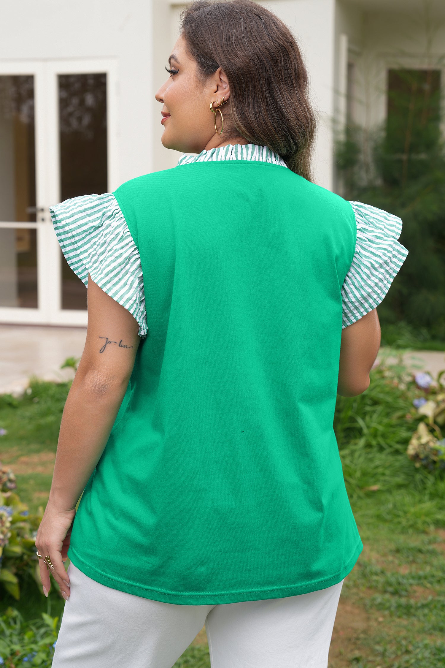 Dark Green Plus Size Button Front Ruffled Stripe Trim V Neck Flutter Sleeve Blouse-Plus Size/Plus Size Tops/Plus Size Blouses & Shirts-[Adult]-[Female]-2022 Online Blue Zone Planet
