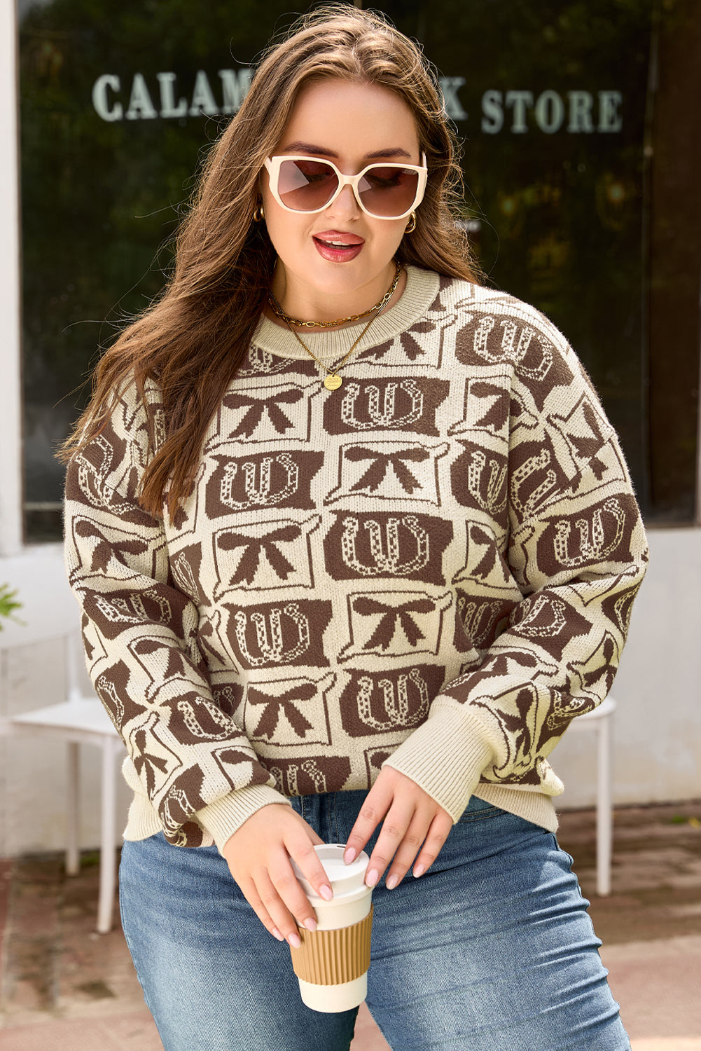 Brown Bow Horseshoe Print Checkered Plus Size Sweater-TOPS / DRESSES-[Adult]-[Female]-2022 Online Blue Zone Planet