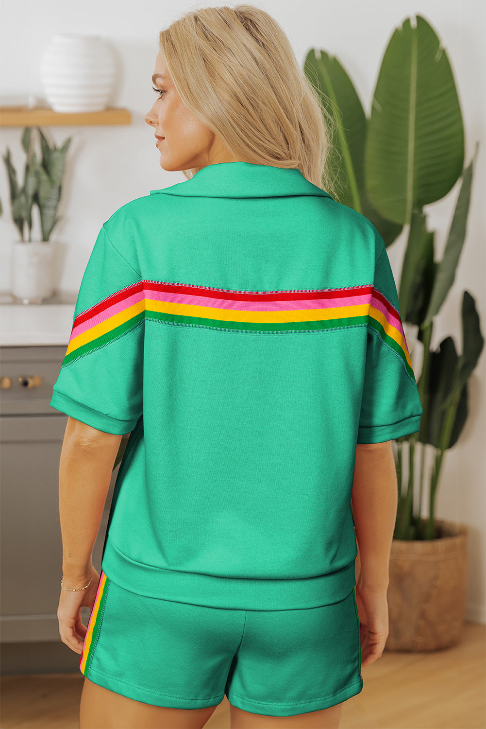 Sea Green Rainbow Colorblock Collared Short Sleeve Top 2 Piece Shorts Set-Two Piece Sets/Short Sets-[Adult]-[Female]-2022 Online Blue Zone Planet