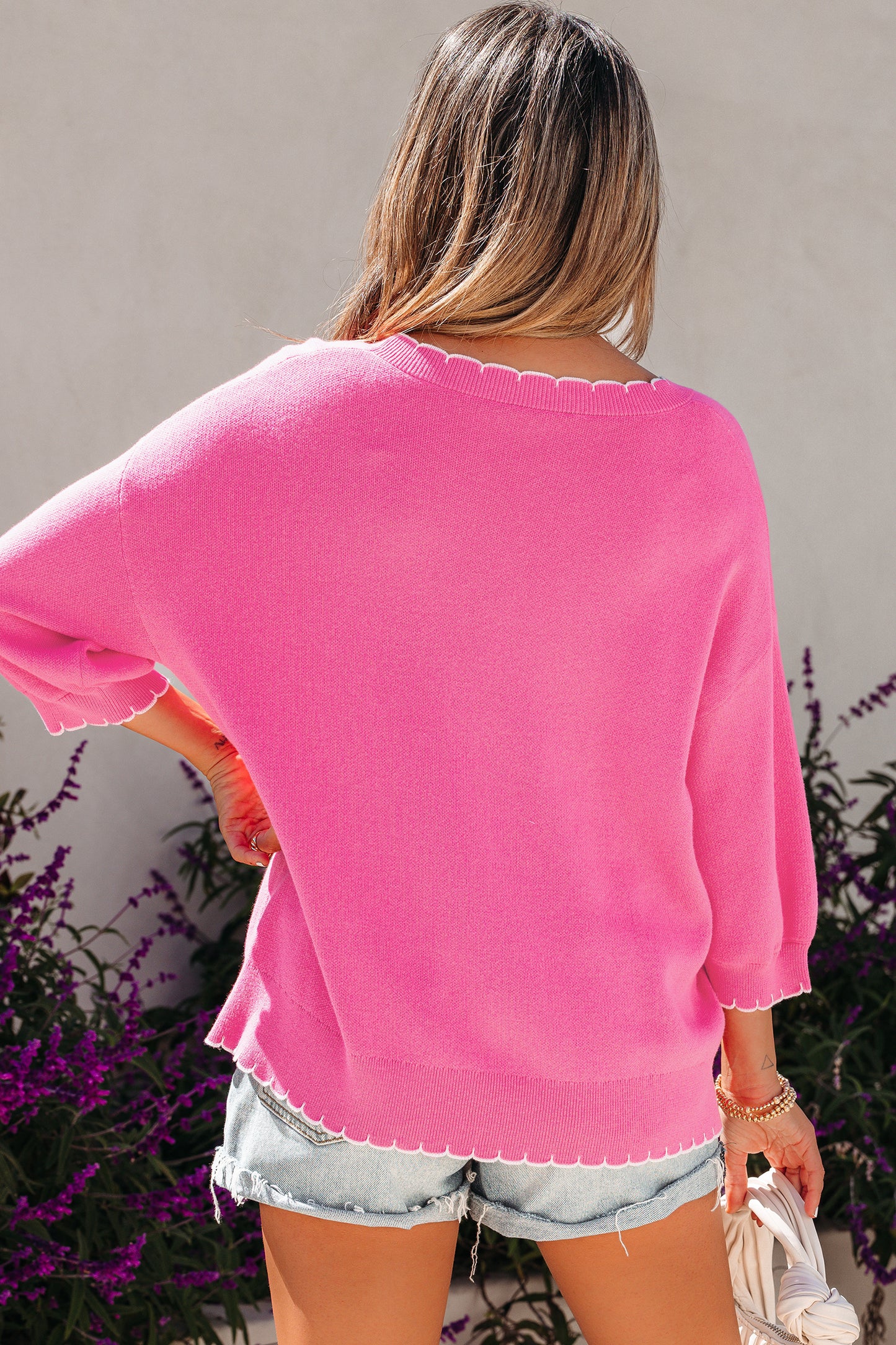 Sachet Pink Big Ribbon Bow Print Contrast Stitch Trim Drop Shoulder Sweater-TOPS / DRESSES-[Adult]-[Female]-2022 Online Blue Zone Planet
