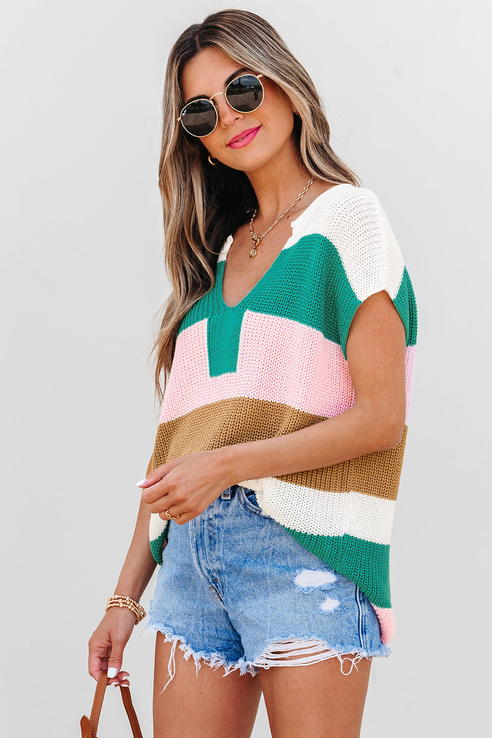 Multicolour Color Block Notch V Neck Sweater T Shirt-TOPS / DRESSES-[Adult]-[Female]-2022 Online Blue Zone Planet
