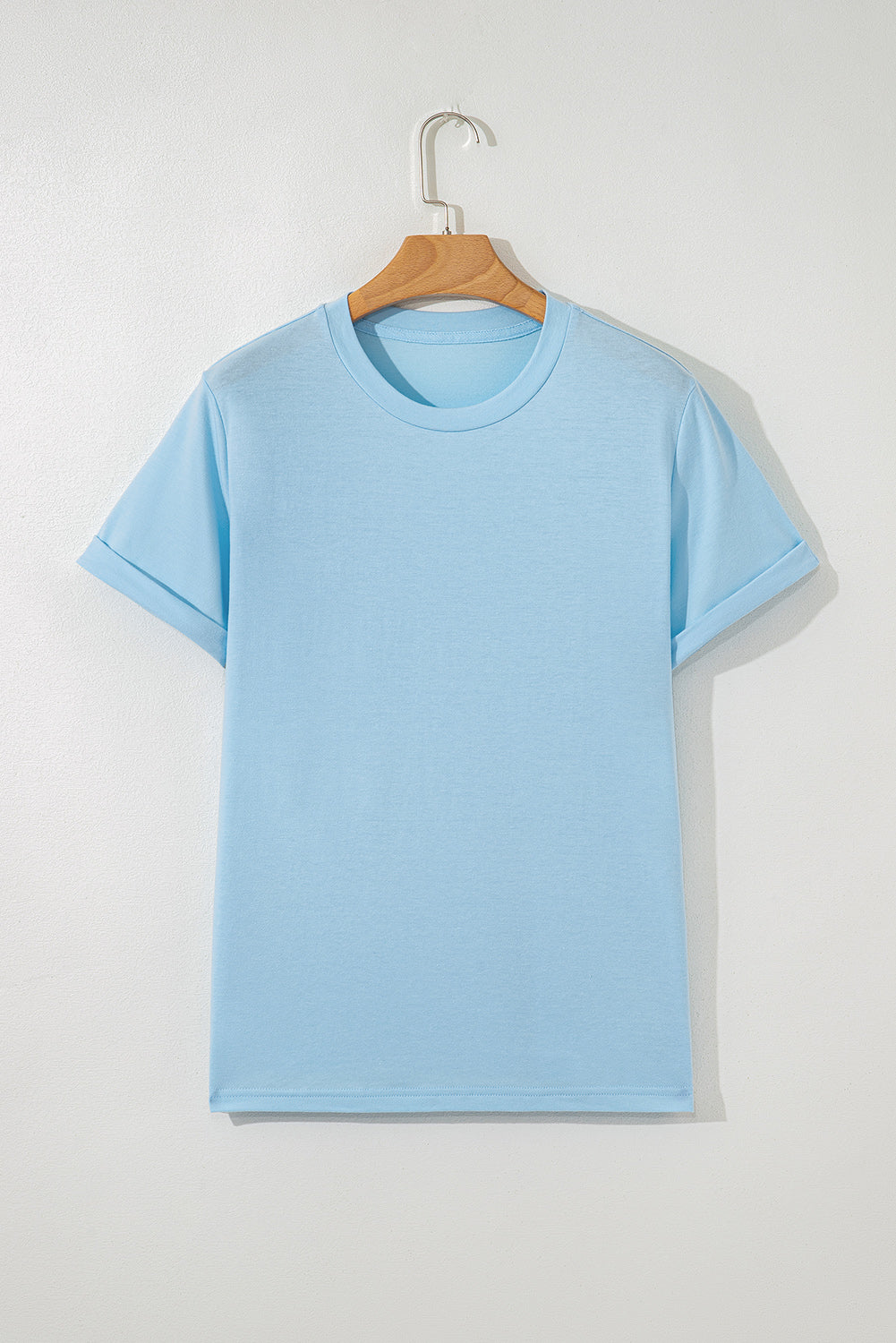 Light Blue Bright Casual Plain Crew Neck Tee-Tops/Tops & Tees-[Adult]-[Female]-2022 Online Blue Zone Planet