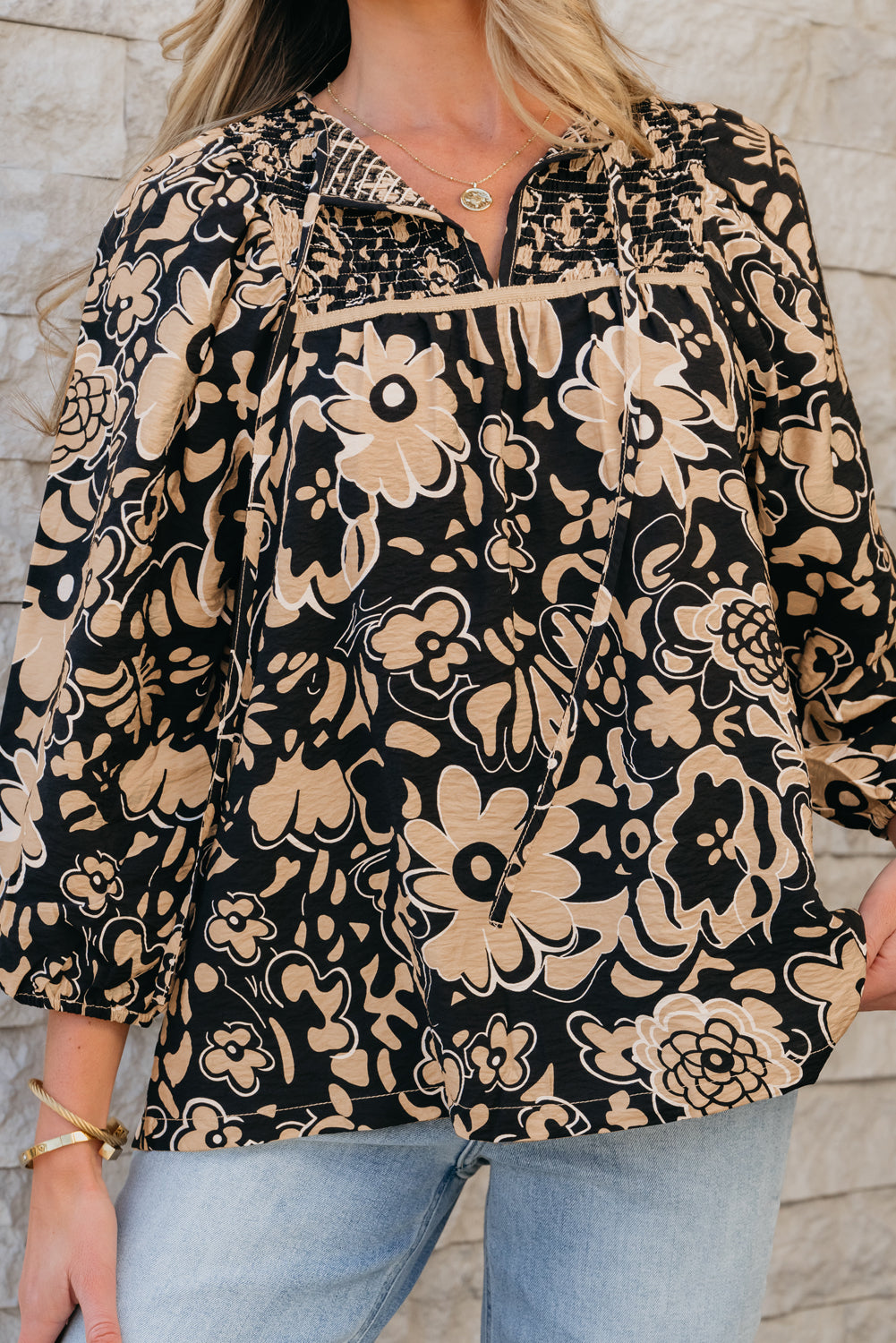 Blue Zone Planet | Black Floral Shirred Yoke Bracelet Sleeve Split Neck Boho Blouse-Tops/Blouses & Shirts-[Adult]-[Female]-2022 Online Blue Zone Planet