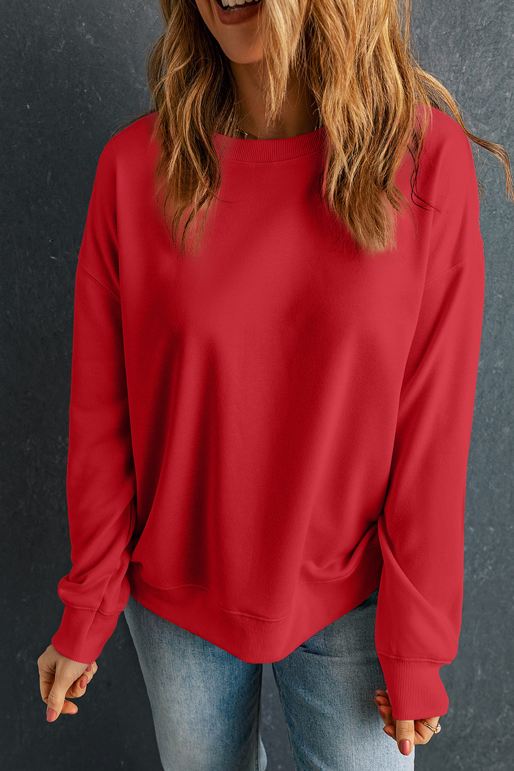 Blue Zone Planet | Round Neck Dropped Shoulder Sweatshirt-TOPS / DRESSES-[Adult]-[Female]-Deep Red-2XL-2022 Online Blue Zone Planet