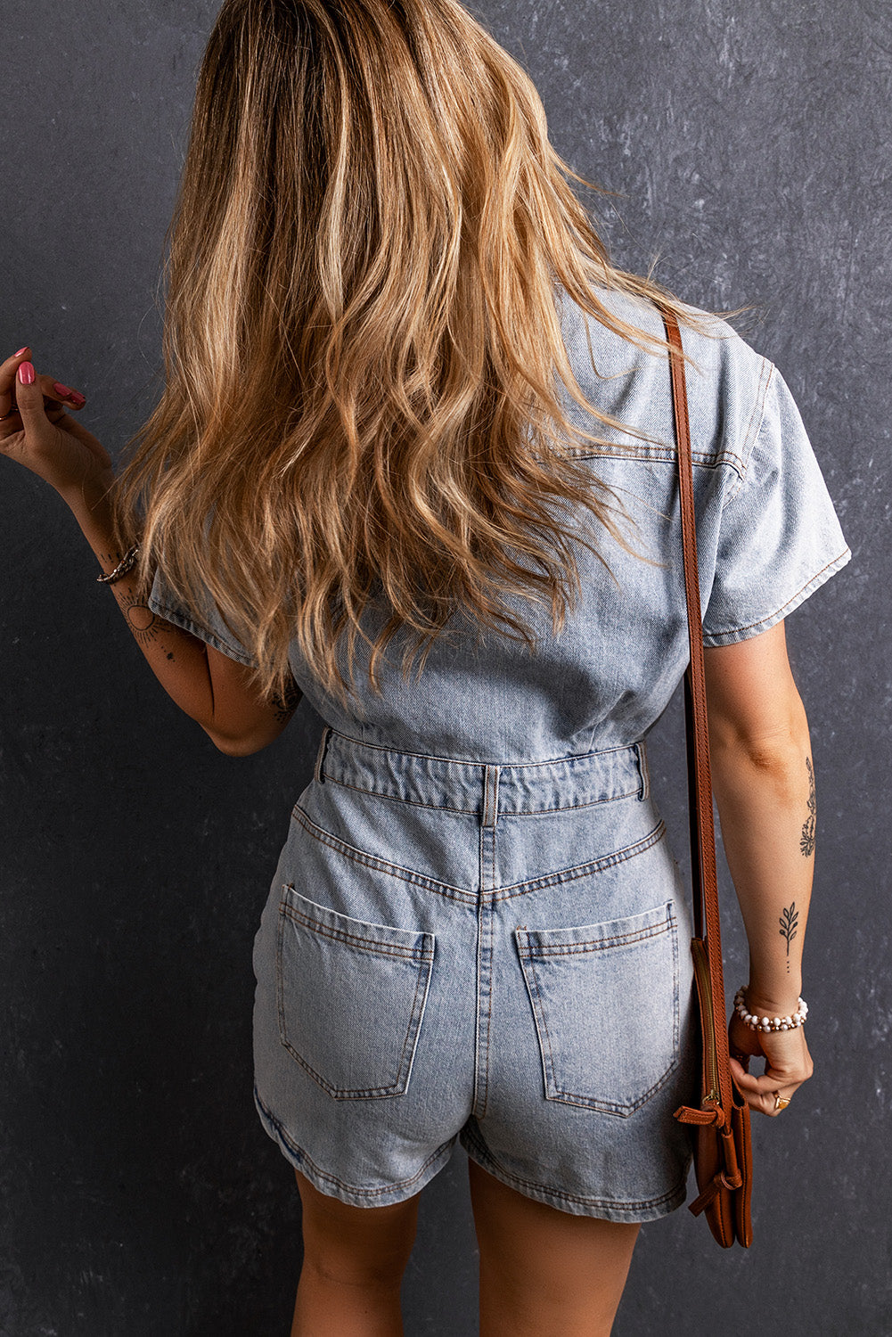 Blue Zone Planet | Collared Neck Short Sleeve Denim Romper-TOPS / DRESSES-[Adult]-[Female]-2022 Online Blue Zone Planet