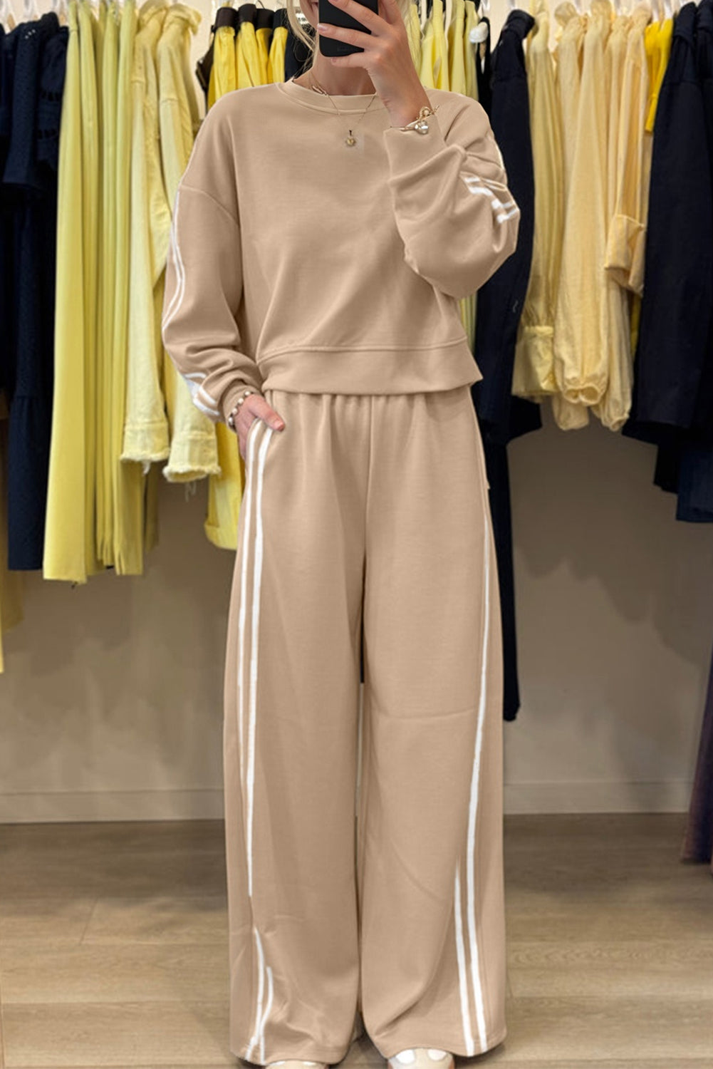 Oatmeal Varsity Striped Detail Crewneck Pullover Elastic Sweatpants 2pcs Outfit-Two Piece Sets/Pant Sets-[Adult]-[Female]-2022 Online Blue Zone Planet
