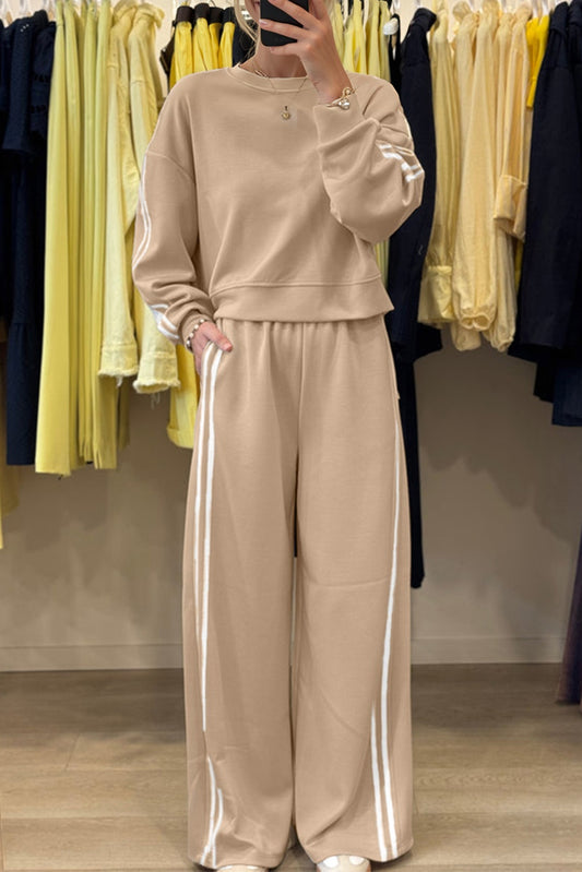 Oatmeal Varsity Striped Detail Crewneck Pullover Elastic Sweatpants 2pcs Outfit-Two Piece Sets/Pant Sets-[Adult]-[Female]-2022 Online Blue Zone Planet