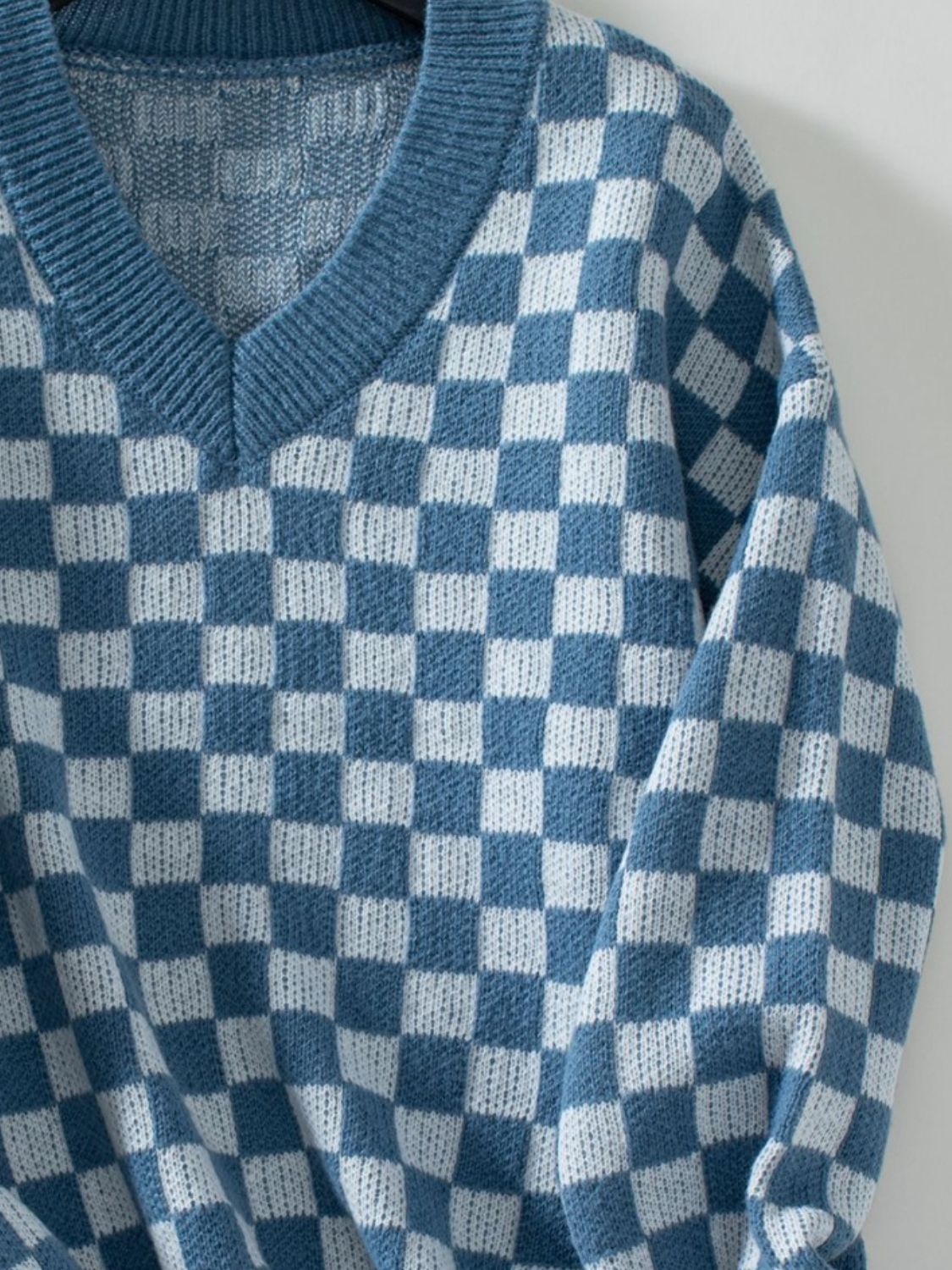 Blue Zone Planet | Checkered V-Neck Dropped Shoulder Sweater-TOPS / DRESSES-[Adult]-[Female]-2022 Online Blue Zone Planet