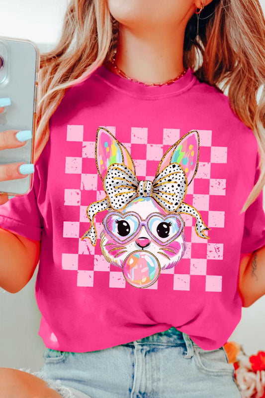 Rose Red Plaid Bubble Gum Rabbit Graphic Eater T Shirt-Graphic/Graphic Tees-[Adult]-[Female]-Rose Red-S-2022 Online Blue Zone Planet