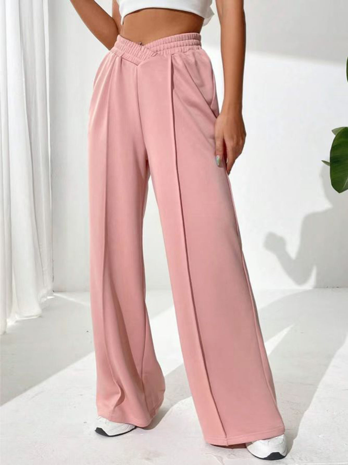 Blue Zone Planet | Elastic Waist Wide Leg Pants-BOTTOMS SIZES SMALL MEDIUM LARGE-[Adult]-[Female]-Blush Pink-S-2022 Online Blue Zone Planet