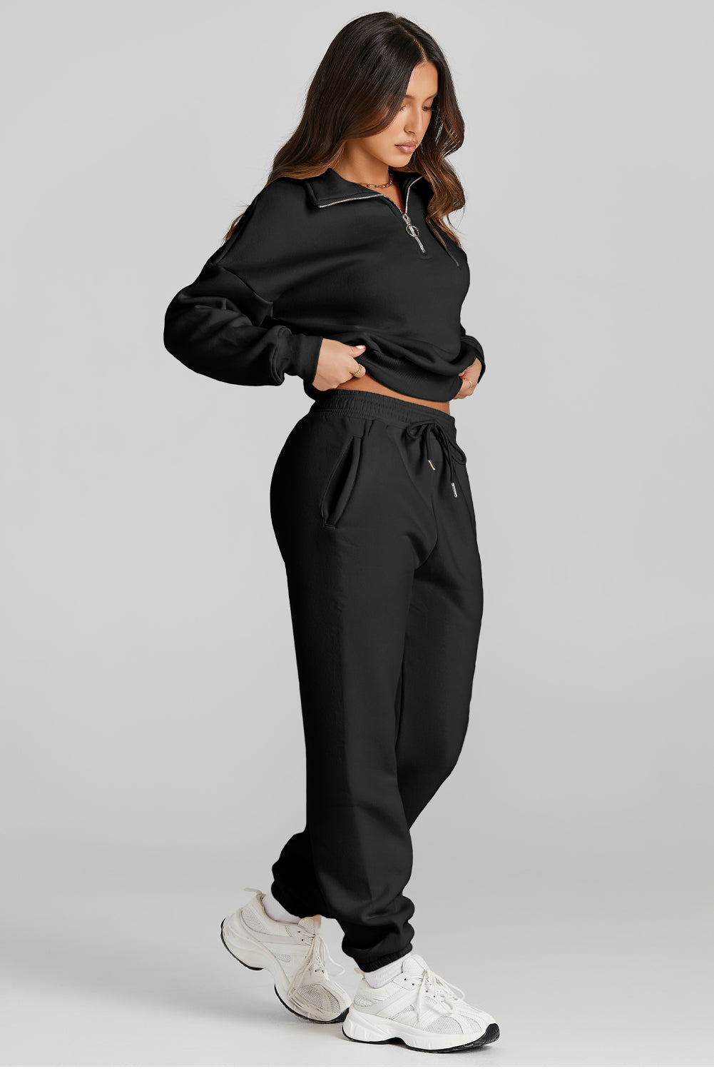 Blue Zone Planet | Quarter Zip Top and Drawstring Pants Active Set-TOPS / DRESSES-[Adult]-[Female]-Black-S-2022 Online Blue Zone Planet